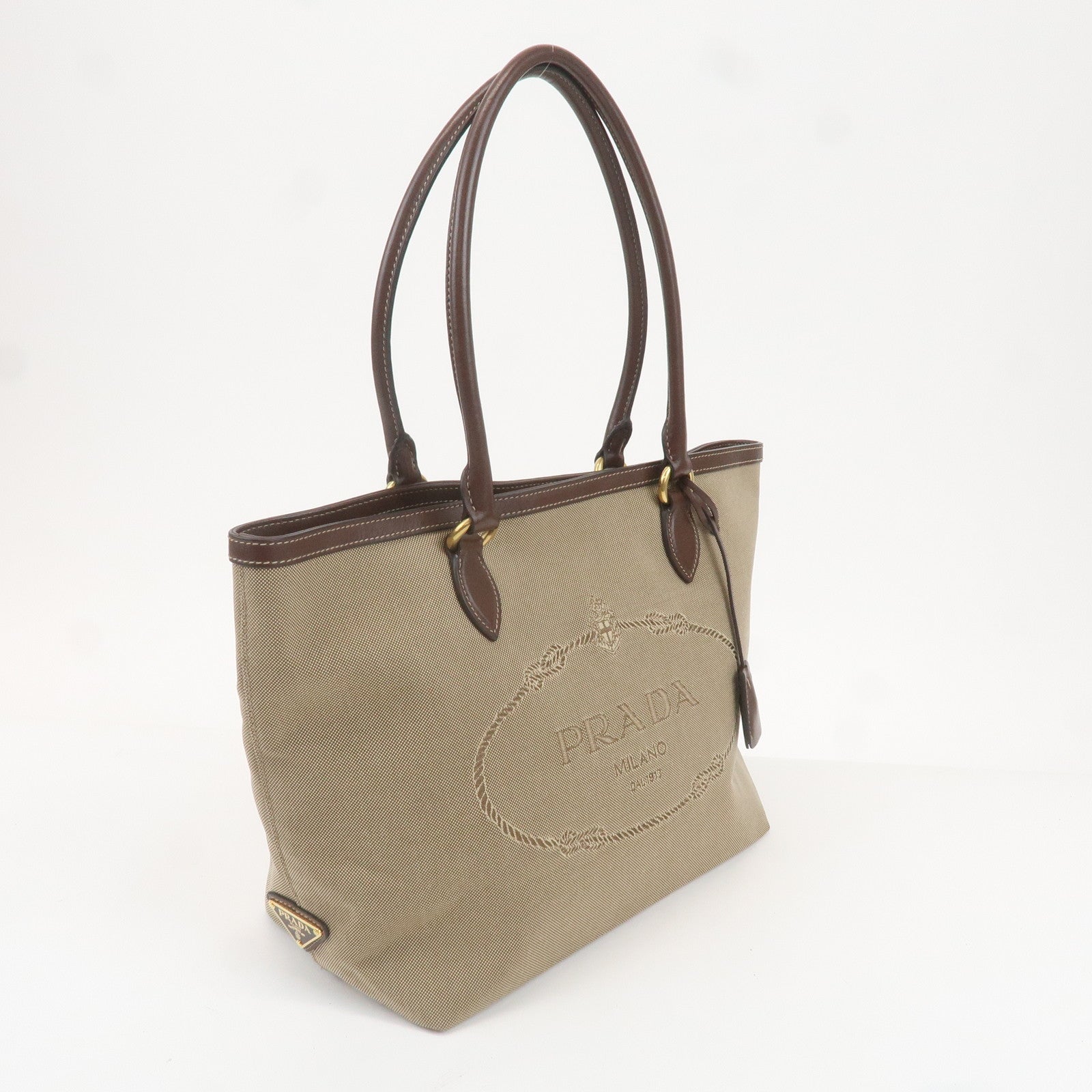 PRADA Logo Jacquard Leather Tote Bag Beige Brown 1BG159