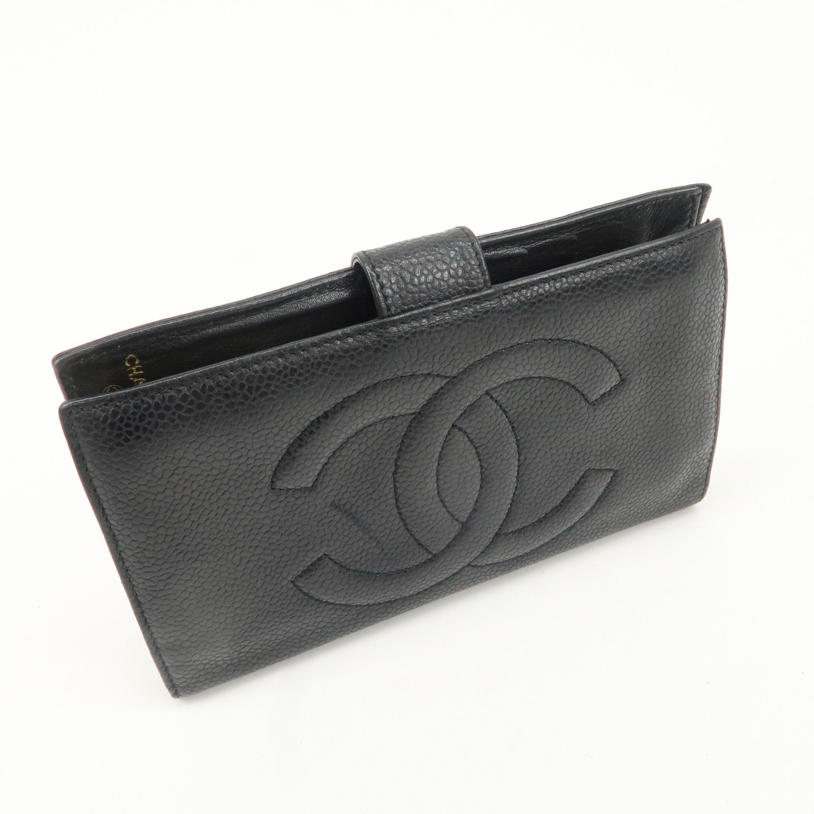 CHANEL Caviar Skin COCO Mark Bi-fold Wallet Black A01429