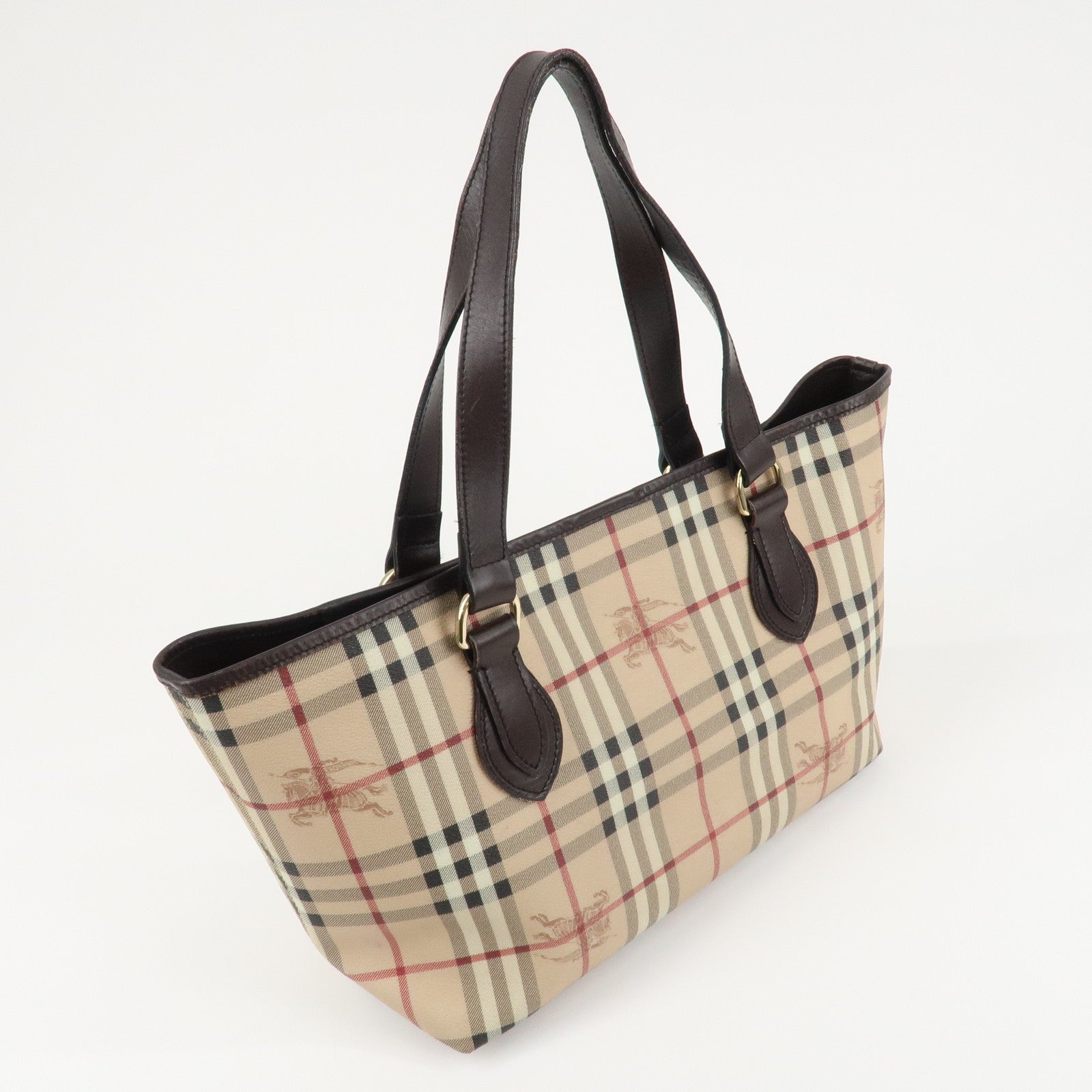 BURBERRY Nova Plaid PVC Leather Tote Bag Dark Brown Used