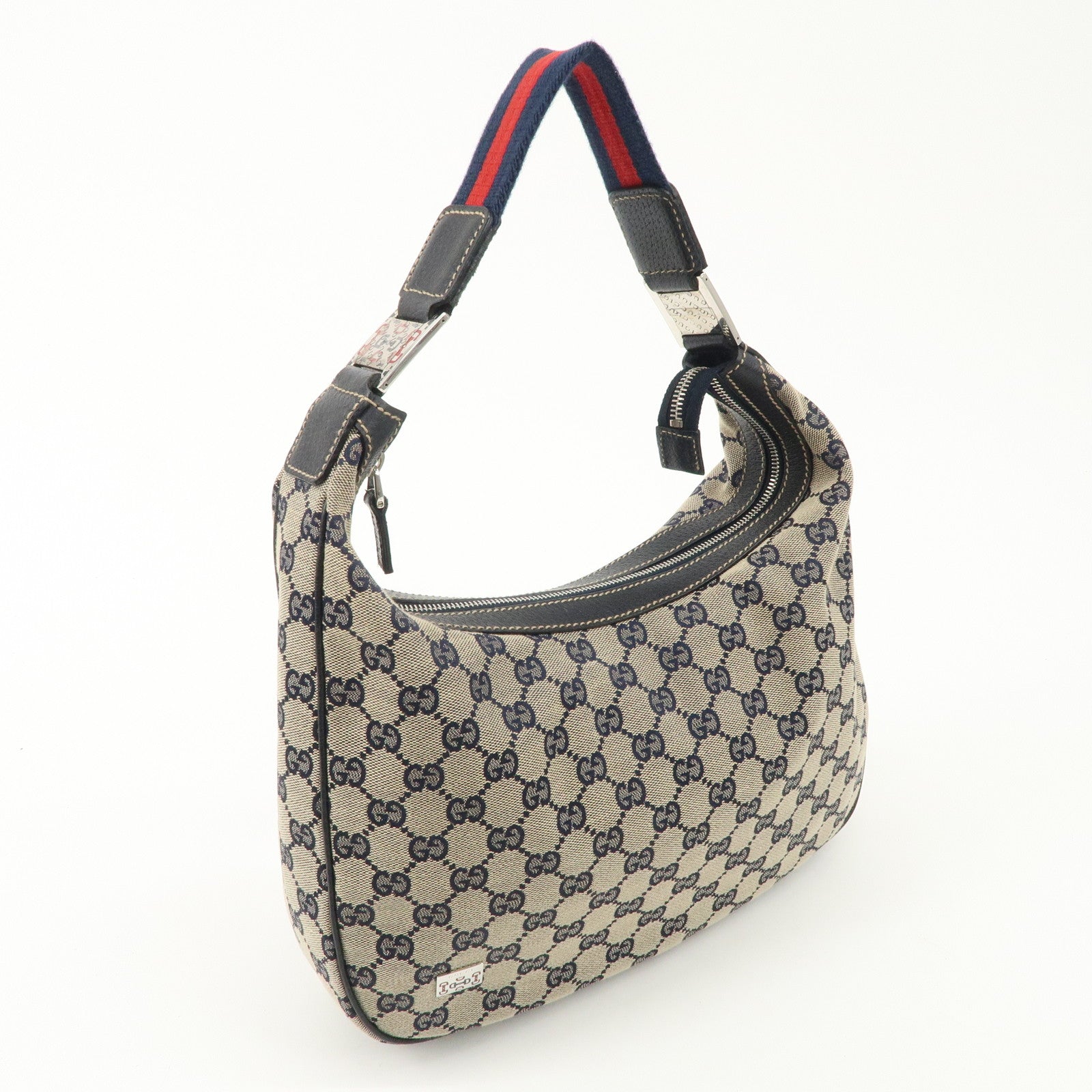 GUCCI Sherry GG Canvas Leather Shoulder Bag Beige Navy 145757 Used