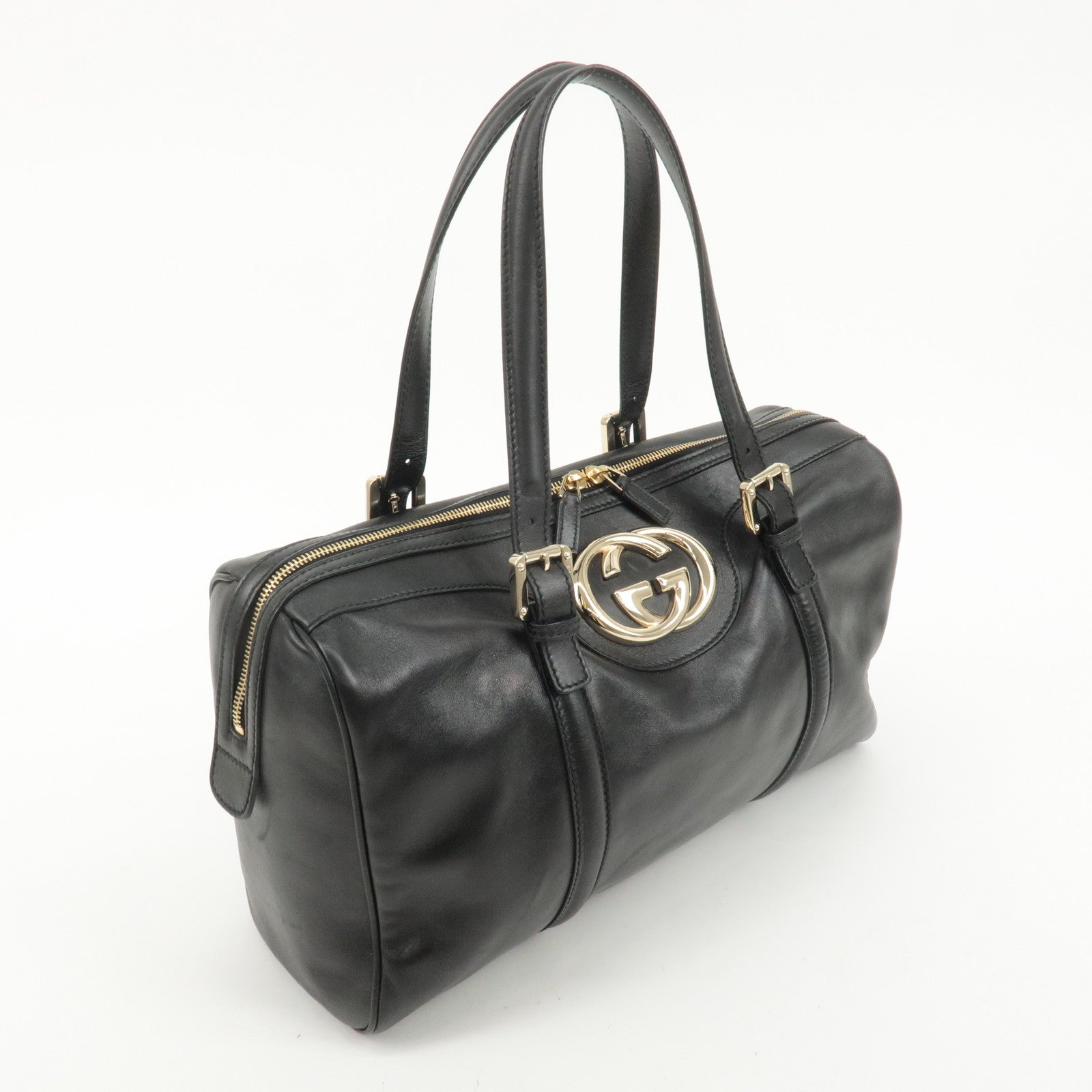 GUCCI Interlocking G Leather Boston Bag Hand Bag Black 170010