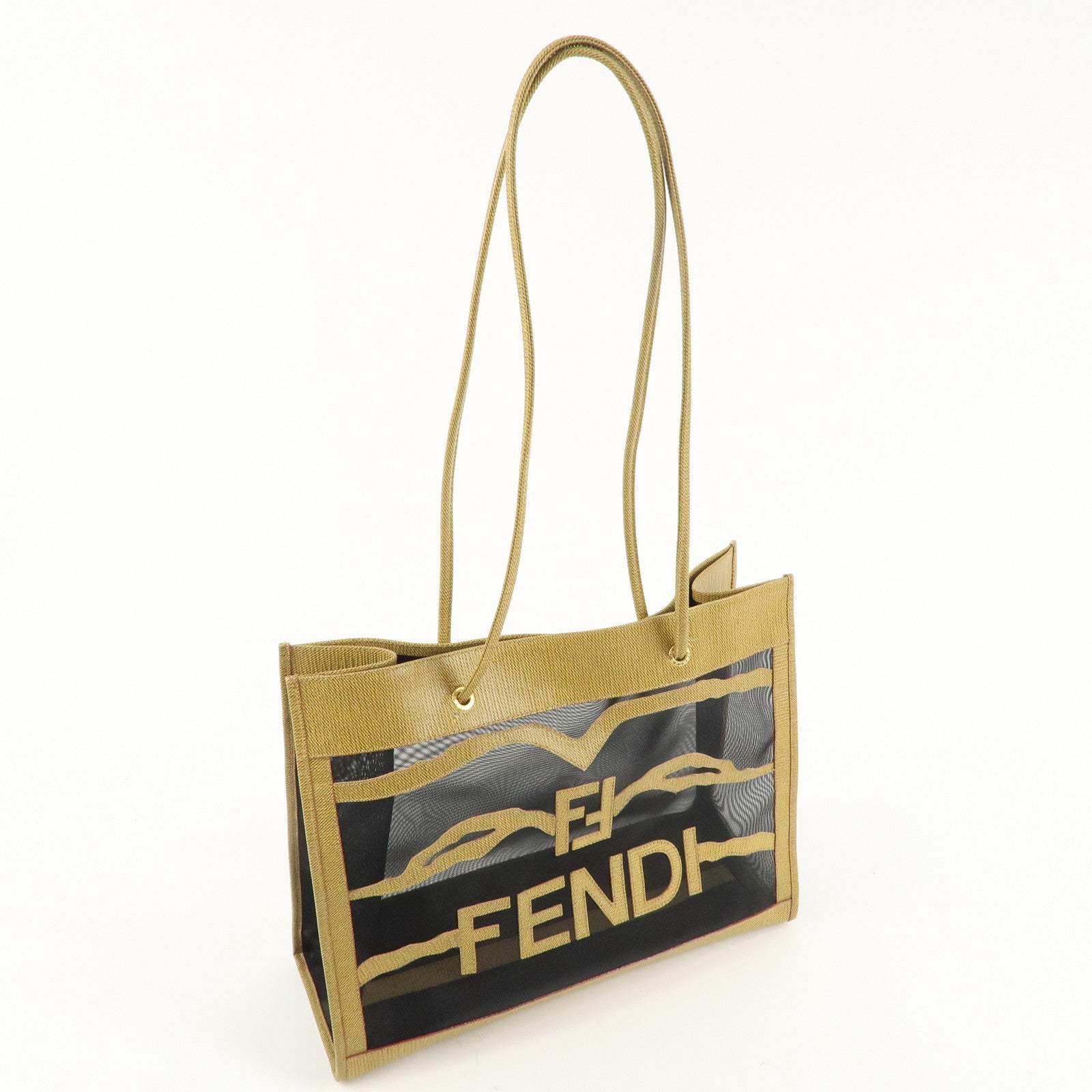 FENDI PVC Mesh Leather Shoulder Bag Brown Black Yellow