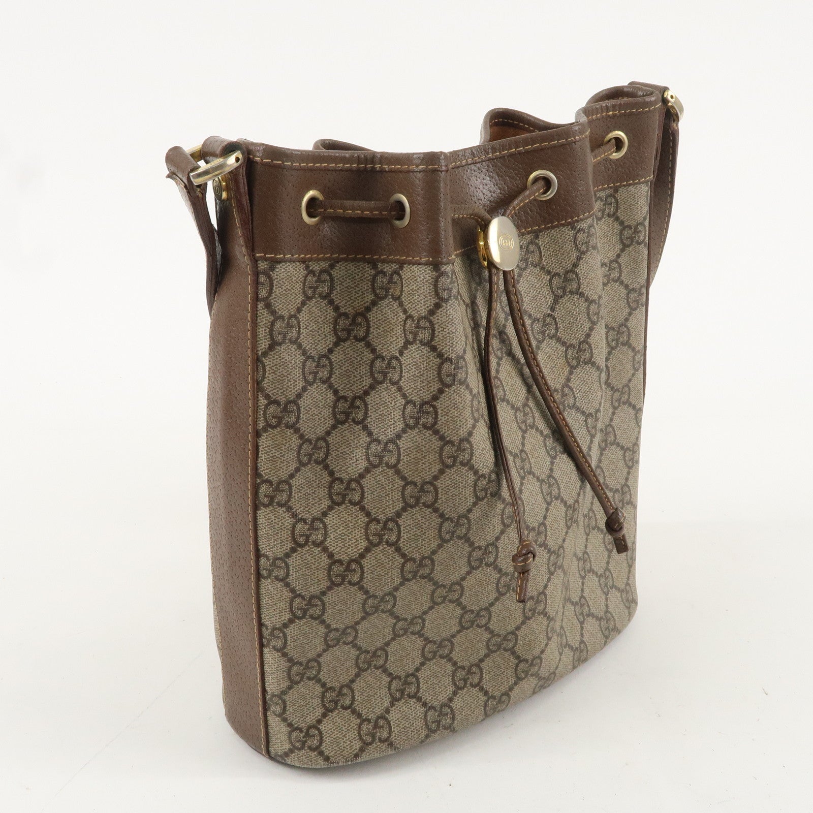 GUCCI Old Gucci GG Plus Leather Drawstring Shoulder Bag Brown