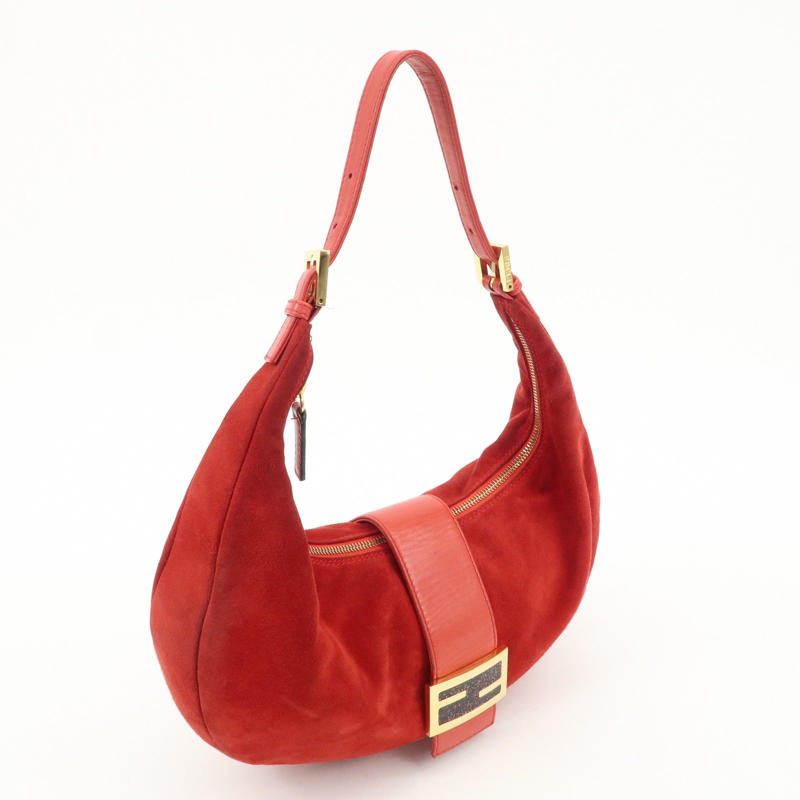 FENDI Suede Leather Shoulder Bag Red Gold Hardware