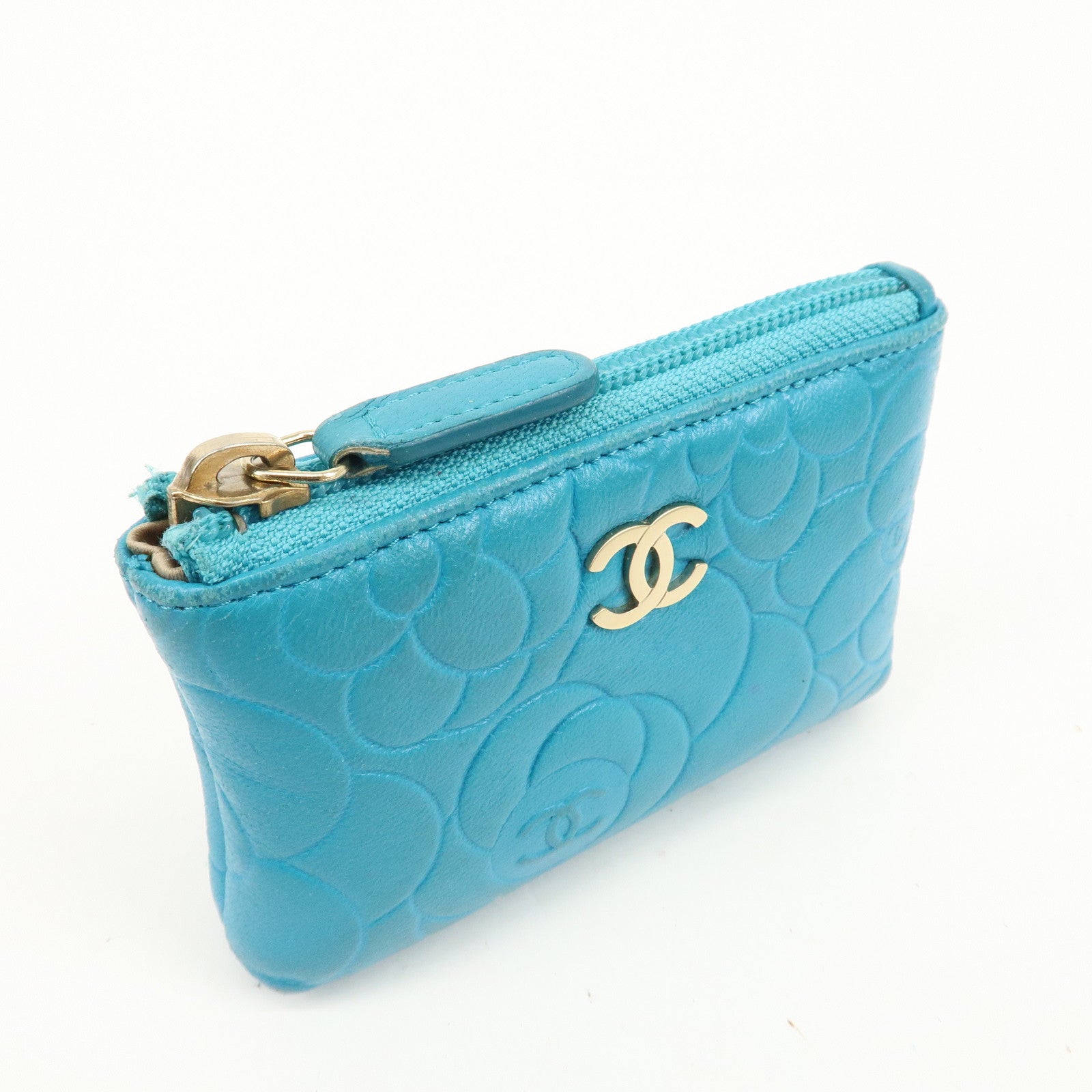 CHANEL Camellia Coco Mark Lamb Skin Coin Case Blue A50090