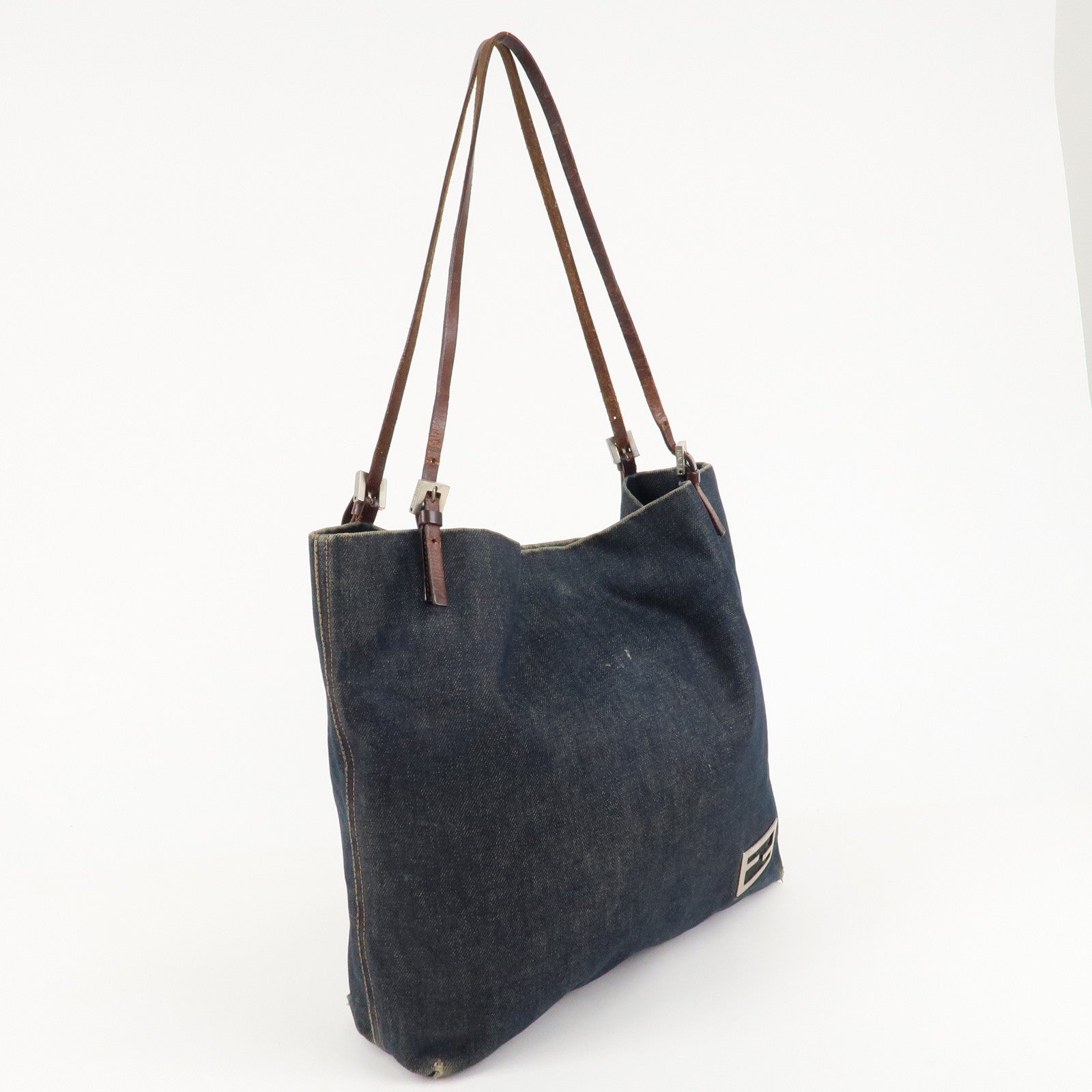 FENDI Denim Leather Tote Bag Shoulder Bag Navy Brown 26633