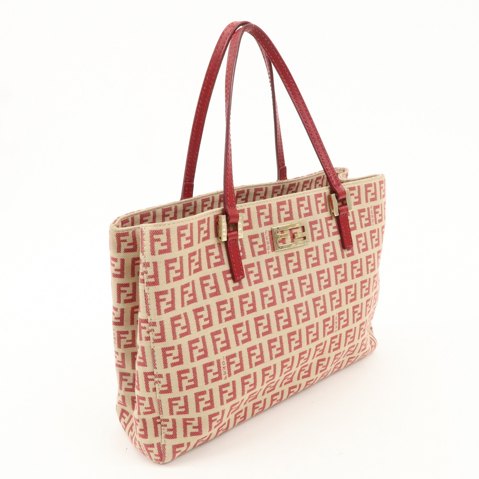 FENDI Zucchino Canvas Leather Tote Hand Bag Beige Red 8BH132