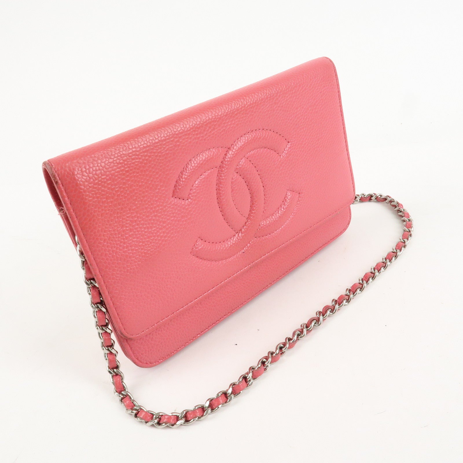 CHANEL COCO Mark Caviar Skin Chain Wallet WOC A48654 Pink Used