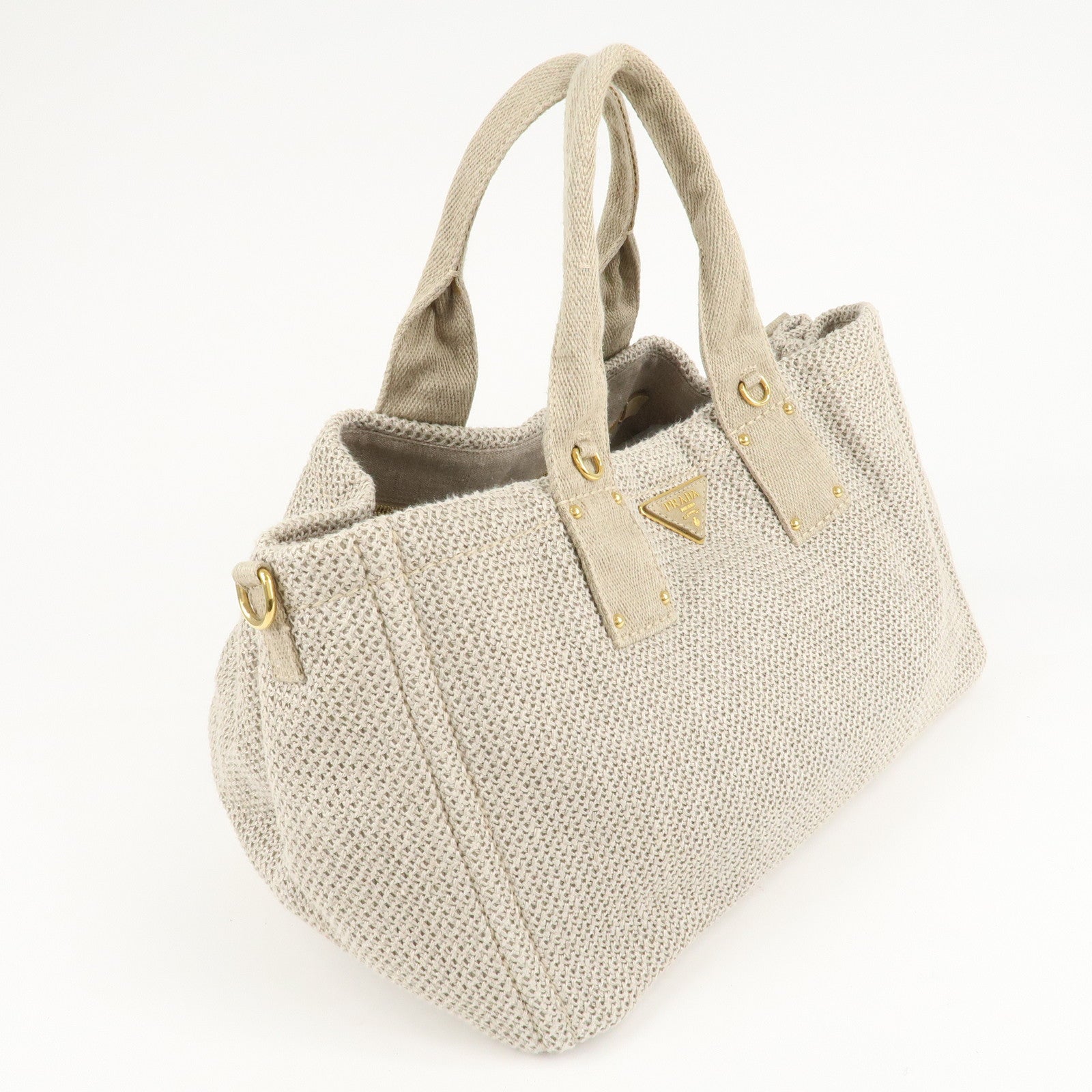 PRADA Logo Canapa Linen Canvas 2Way Tote Bag Shoulder Bag BN2038