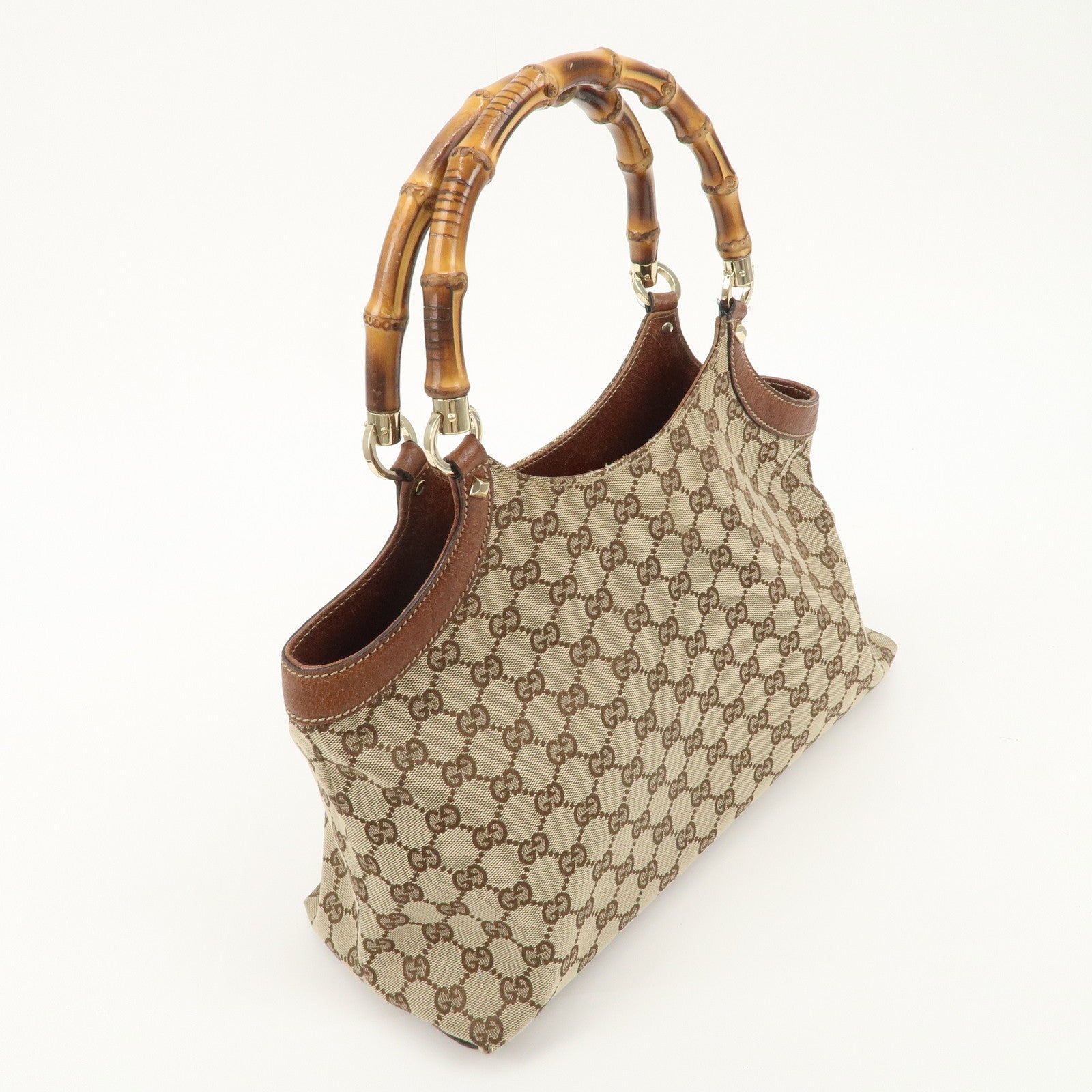 GUCCI Bamboo GG Canvas Leather Shoulder Bag Beige Brown 137395