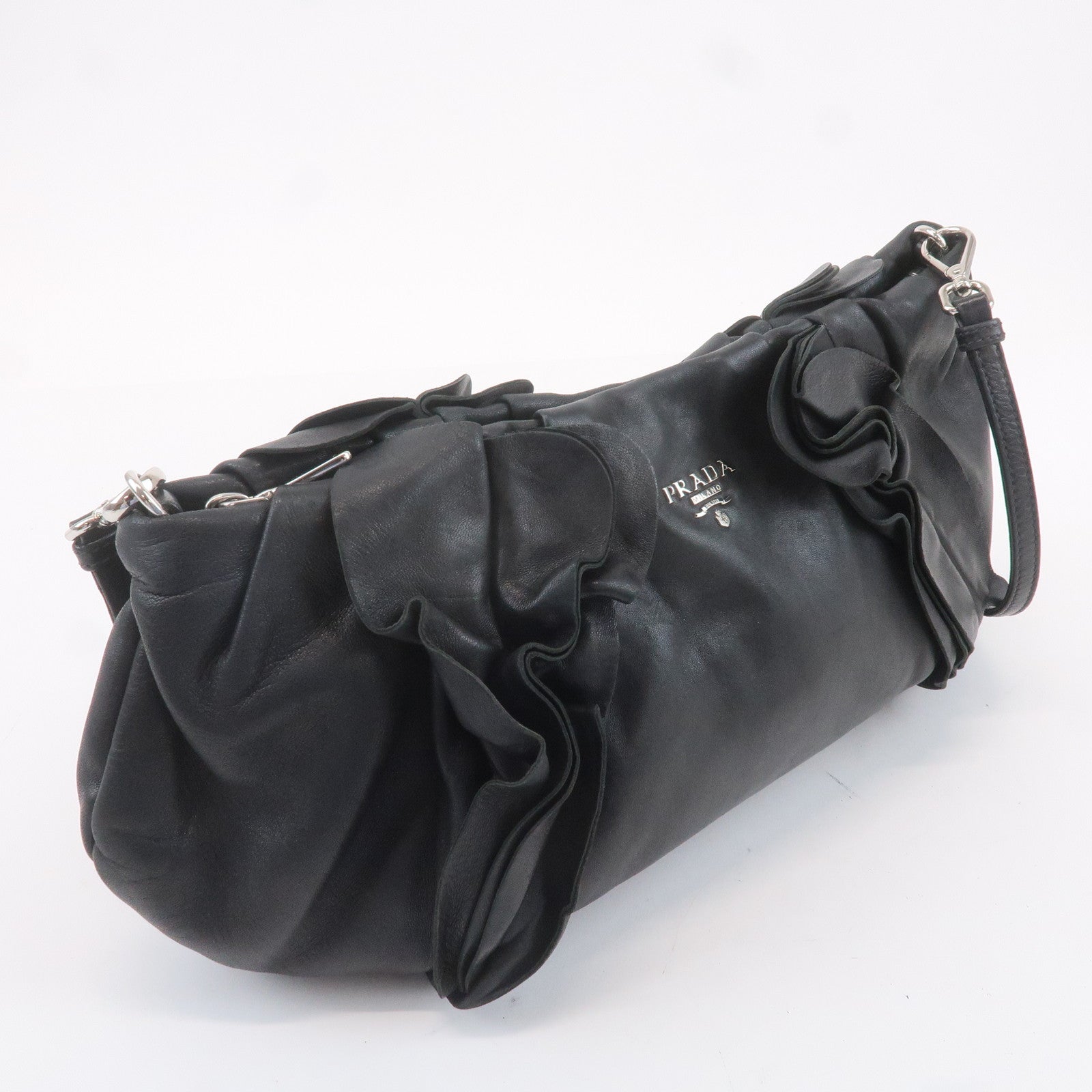 PRADA Leather Gathered Shoulder Bag Black