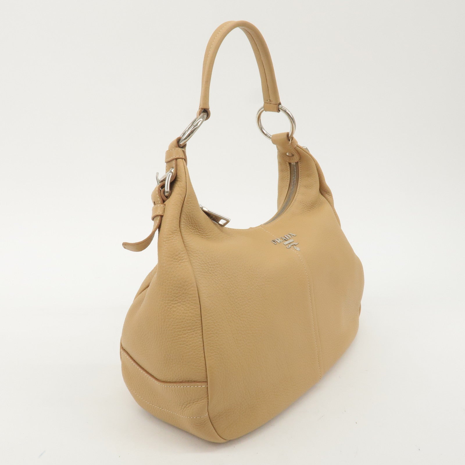 PRADA Logo Leather One Shoulder Bag Hand Bag Beige BR4373