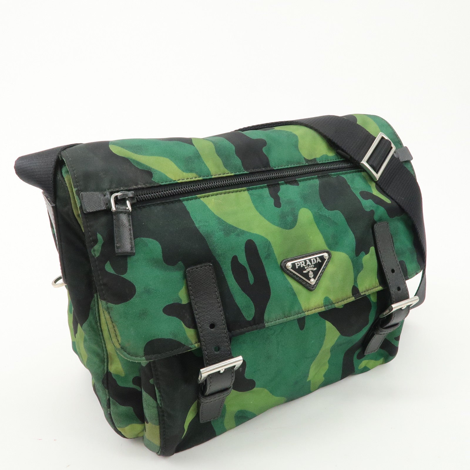 PRADA Logo Nylon Leather Camouflage Shoulder Bag Green Black Used