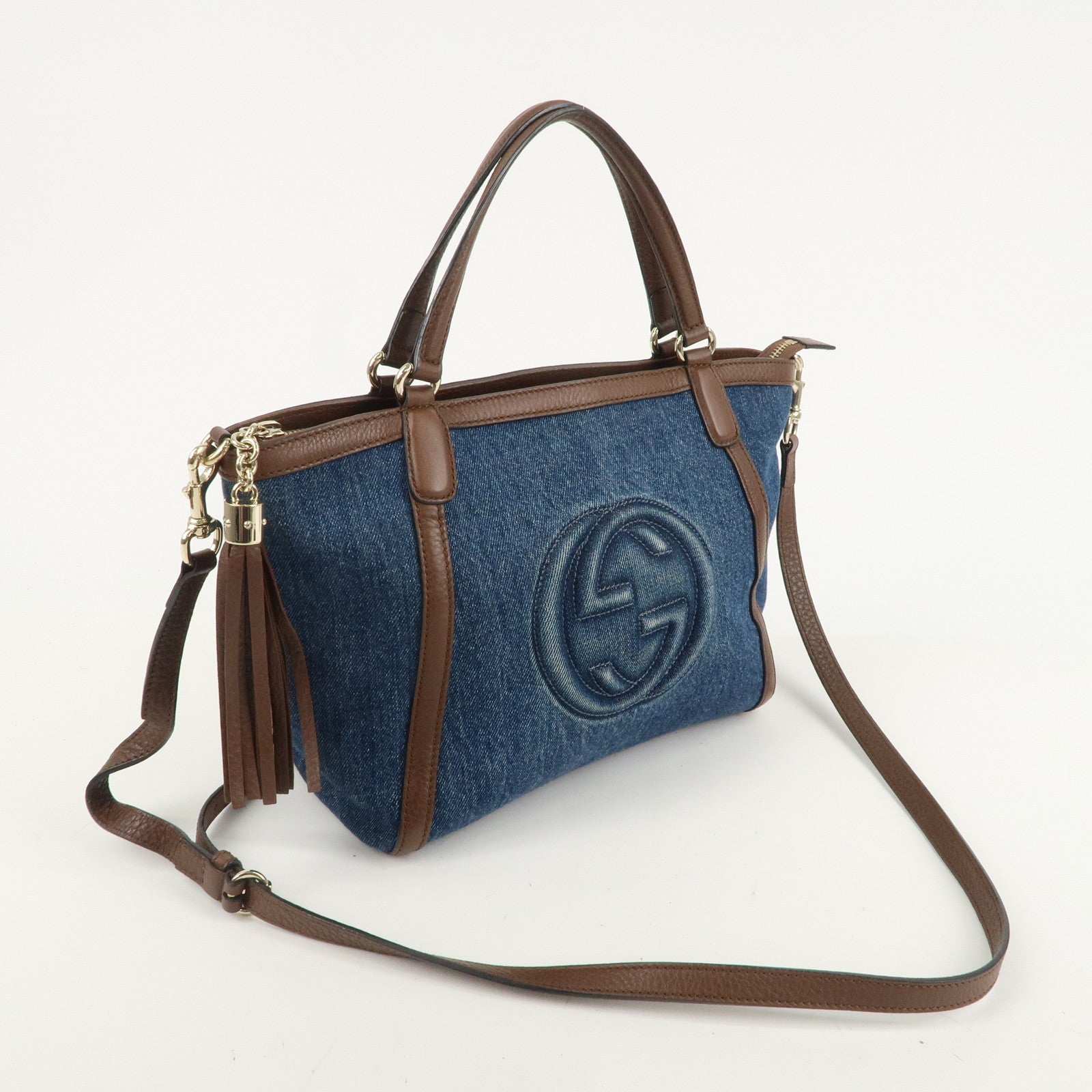 GUCCI SOHO Interlocking G Denim Leather 2Way Bag Blue Brown 369176