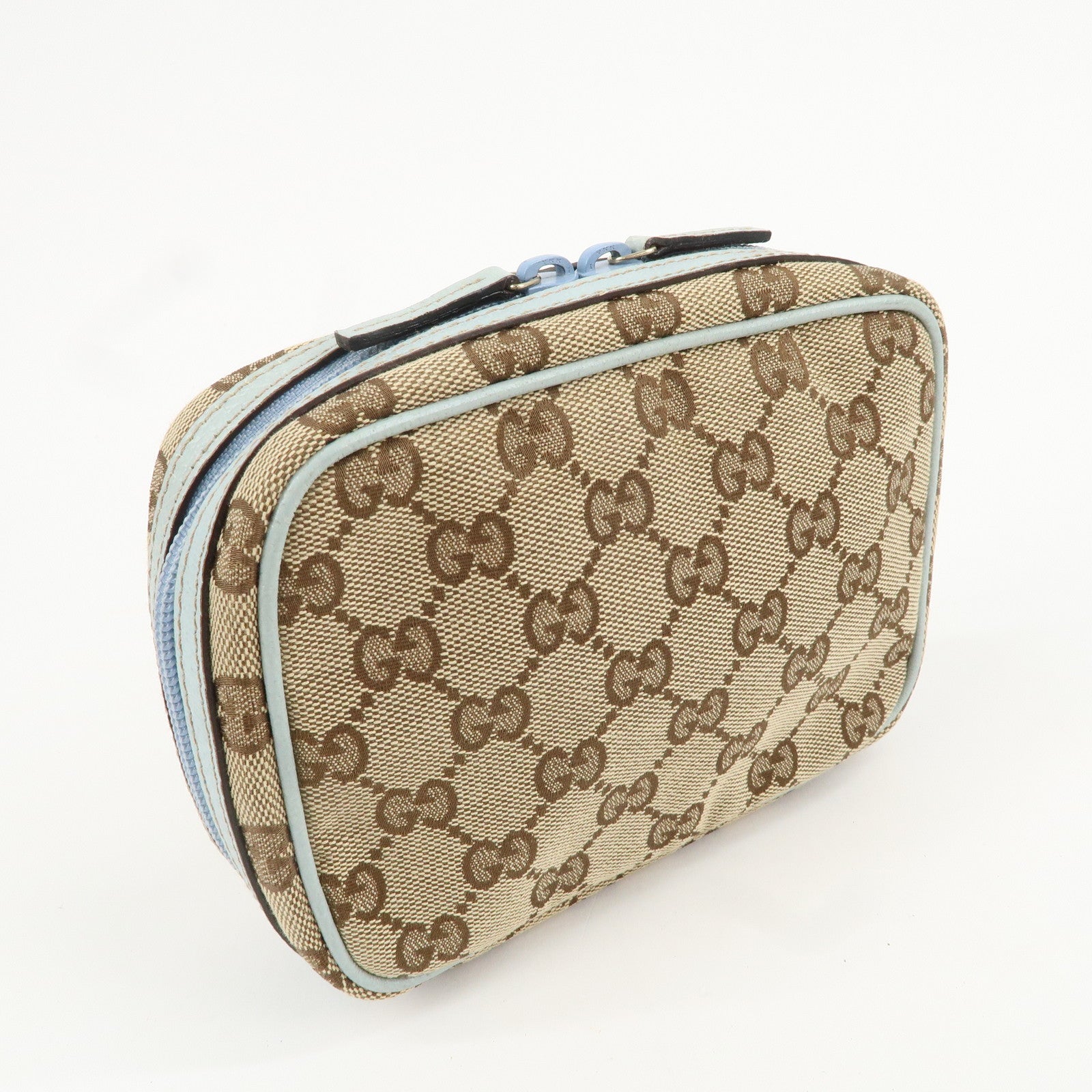 GUCCI GG Canvas Leather Pouch Cosmetic Pouch Light Blue 153129