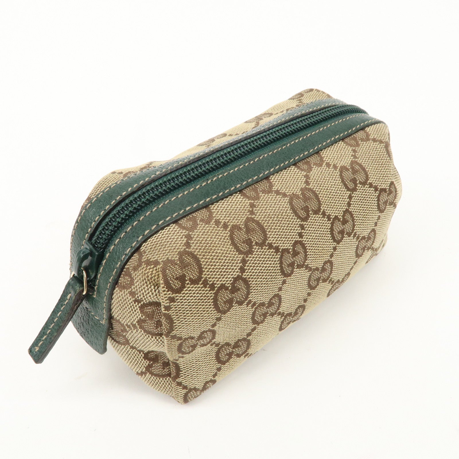 GUCCI GG Canvas Leather Cosmetic Pouch Beige Green 29596 Used