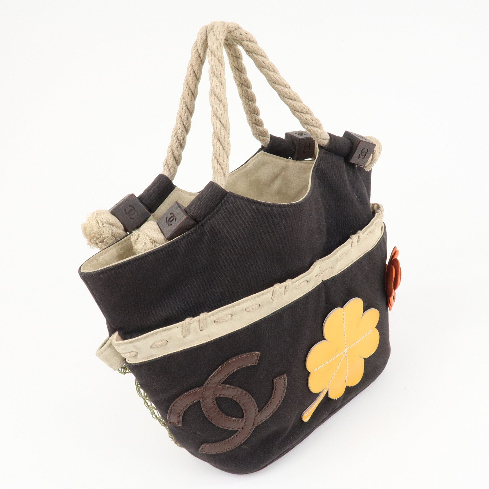 CHANEL COCO Mark Camellia Canvas Suede Tote Bag Black A21385 Used