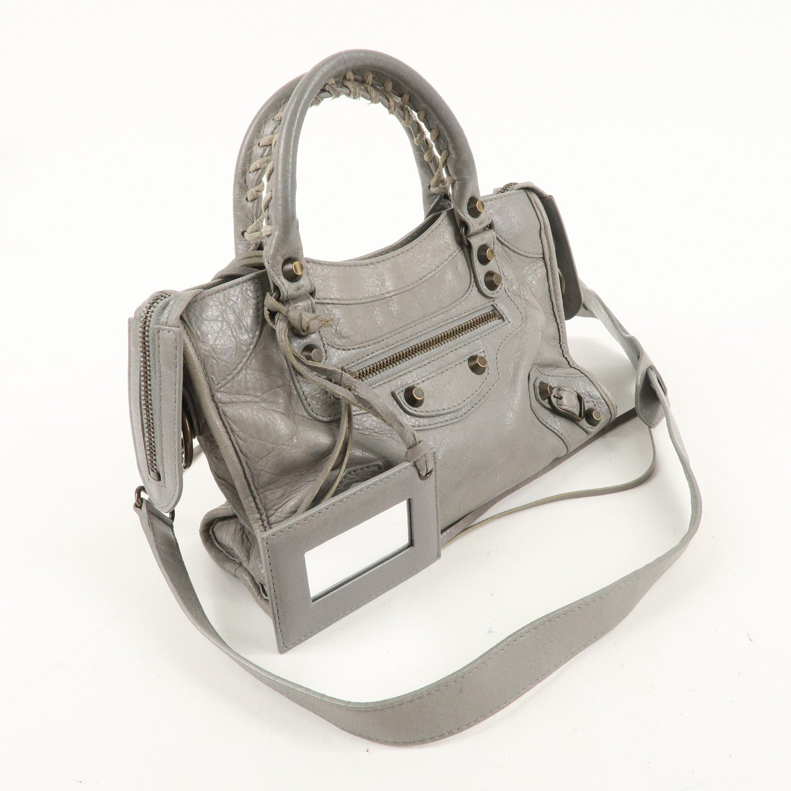 BALENCIAGA Leather Classic Mini City 2Way Bag Light Gray 300295