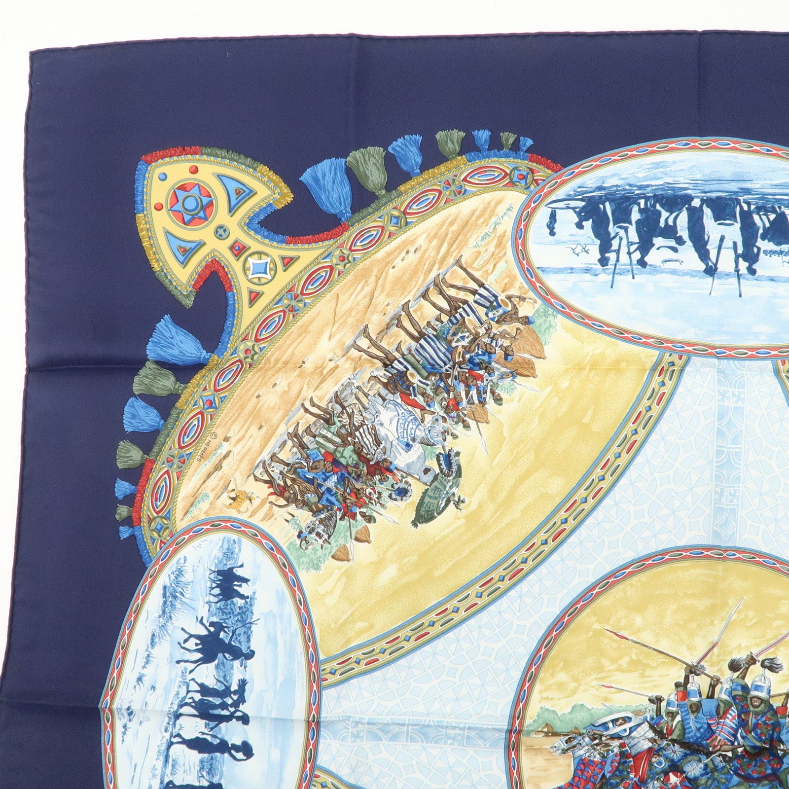 HERMES Carre 90 Silk 100%  Scarf CAVALIERS PEULS Navy Blue Used