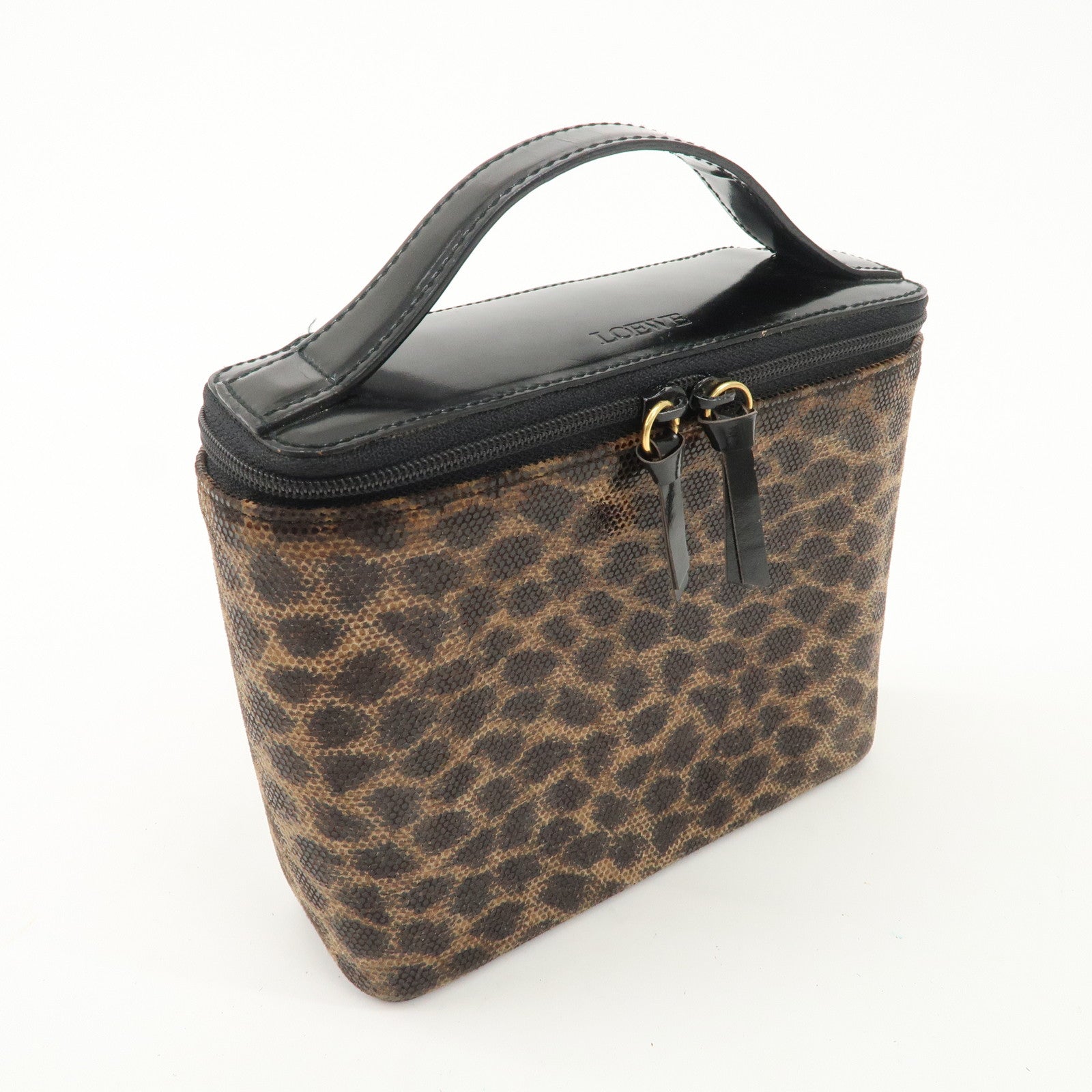 LOEWE Nylon Canvas Patent Leather Leopard Vanity Bag Black Beige Used