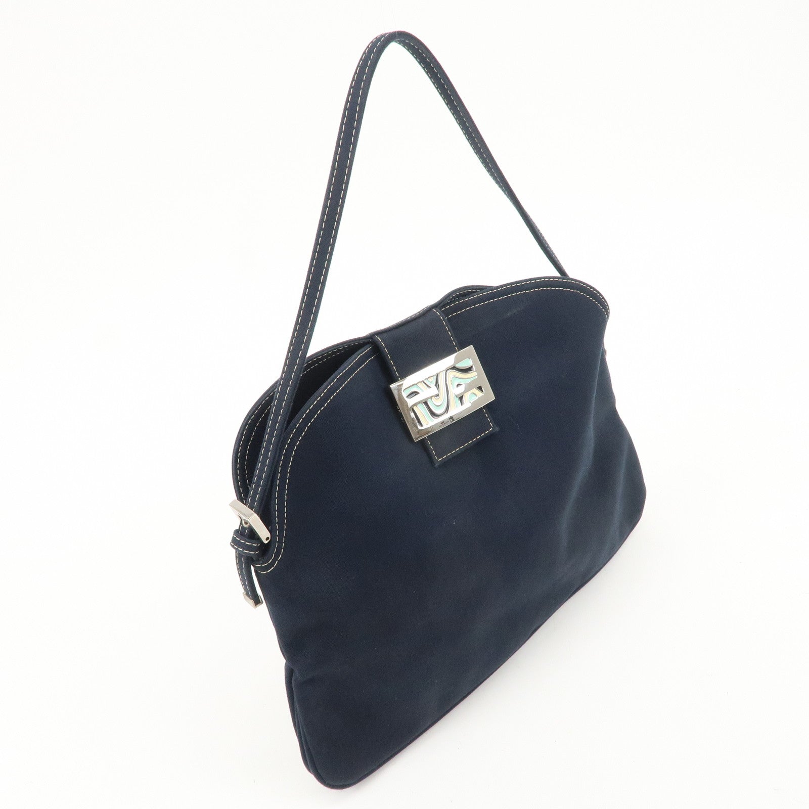 FENDI Canvas Shoulder Bag Navy Silver Hardware 26796