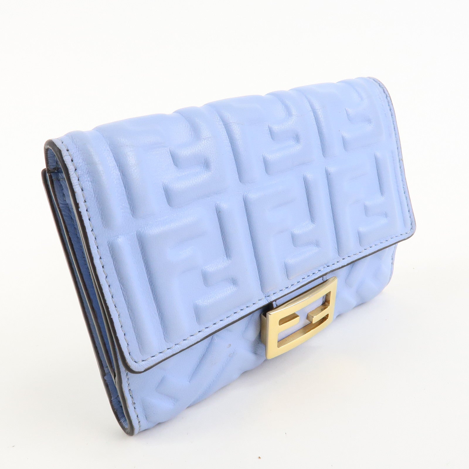 FENDI Leather Embossed Bi-fold Wallet Light Blue 8M0419