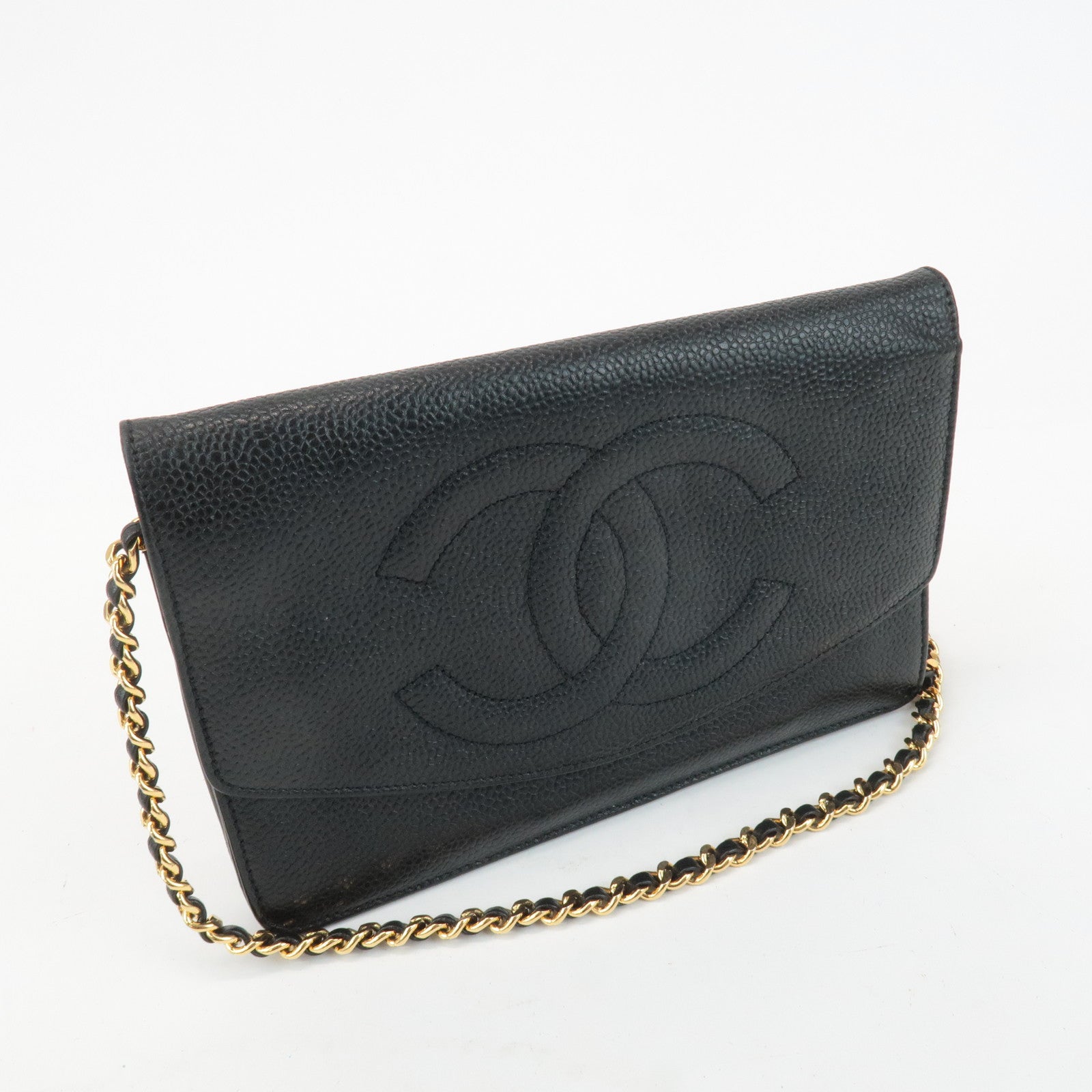 CHANEL COCO Mark Caviar Skin Chain Wallet WOC Black A13509 Used