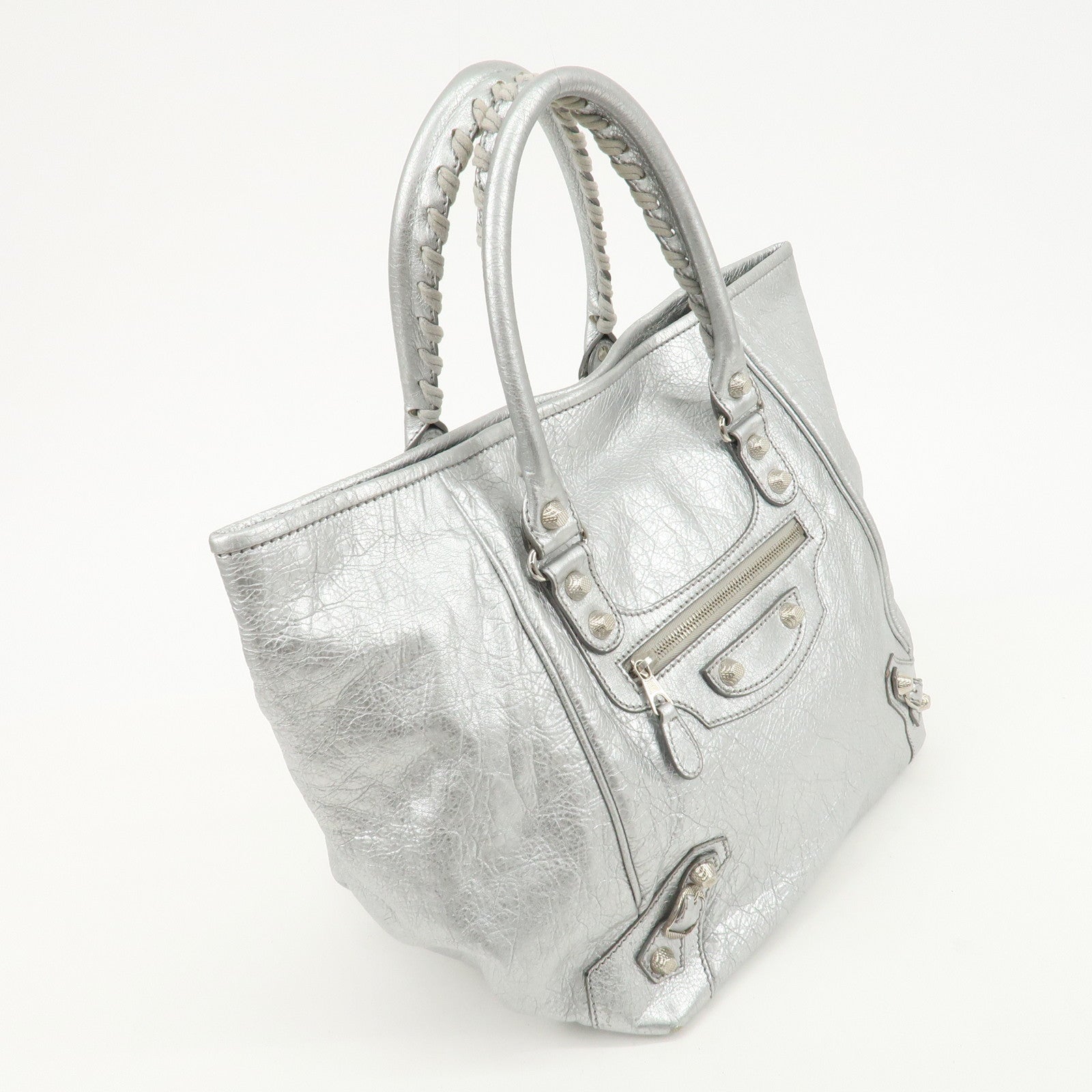 BALENCIAGA Giant Sunday Leather Hand Bag Silver 309537