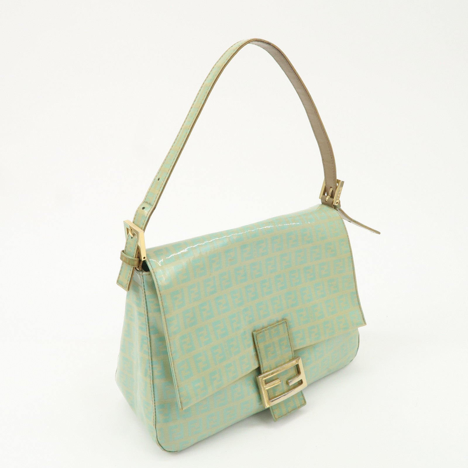 FENDI Zucchino Patent Leather Shoulder bag Beige Light Green