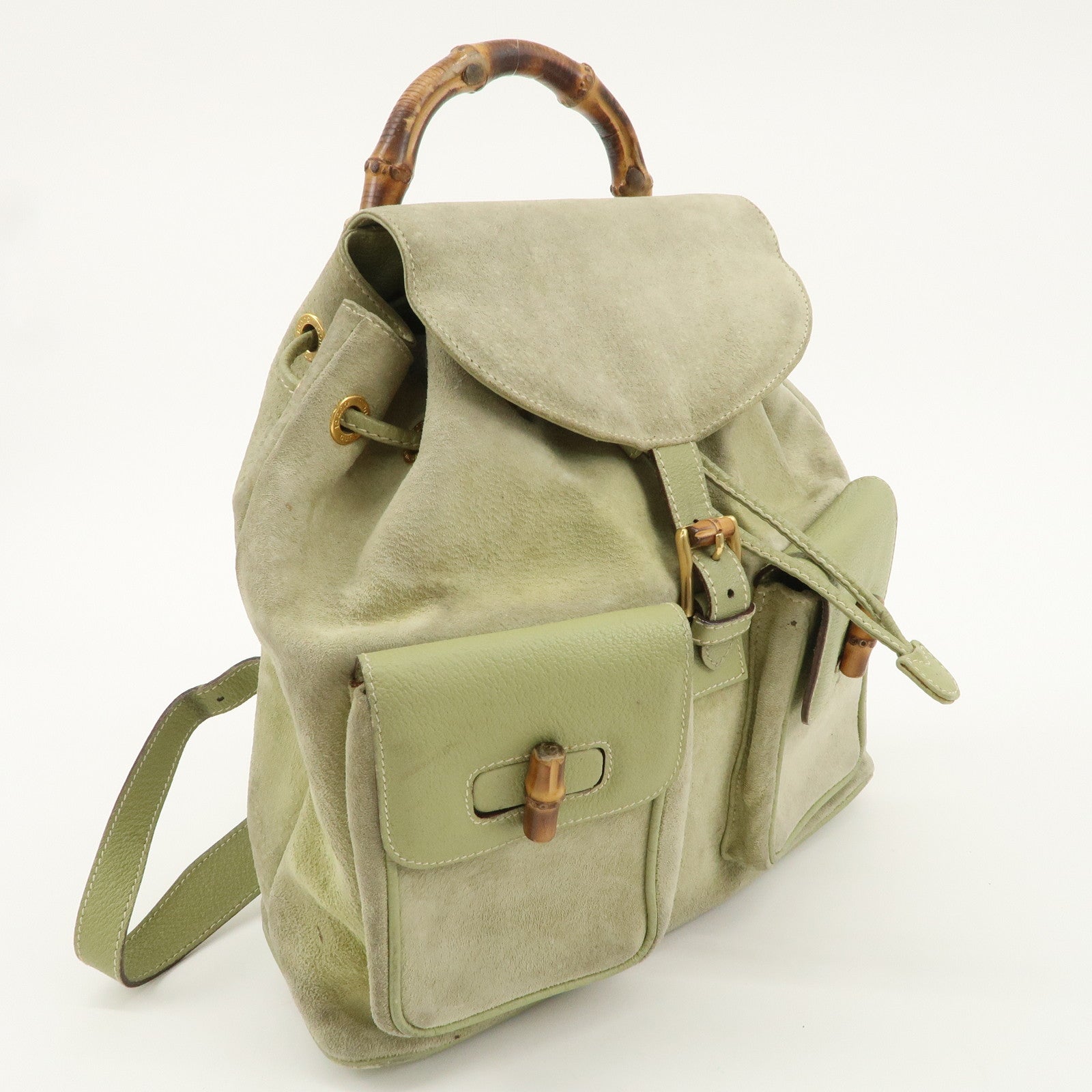 GUCCI Bamboo Suede Leather Ruck Sack Back Pack Green 003.58.0016