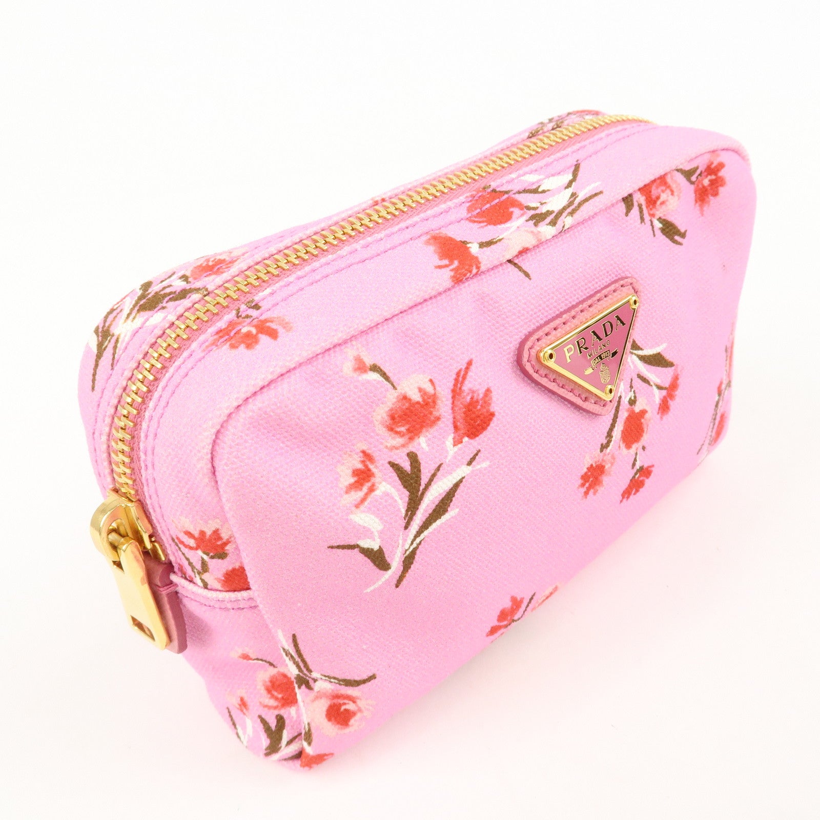 PRADA Canapa Canvas Leather Cosmetic Pouch Flower 1NA021 Pink