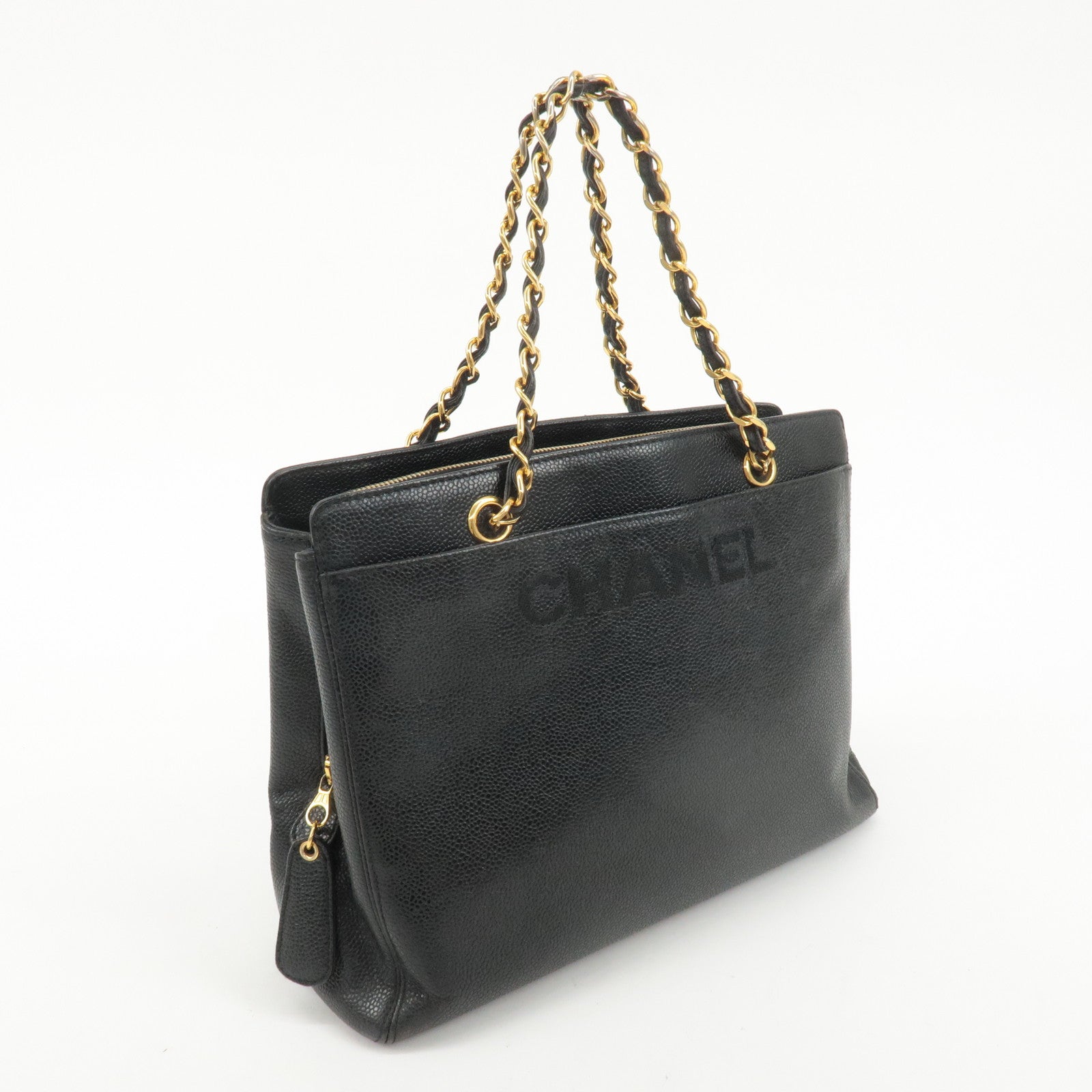 CHANEL Caviar Skin Chain Tote Bag Black Gold