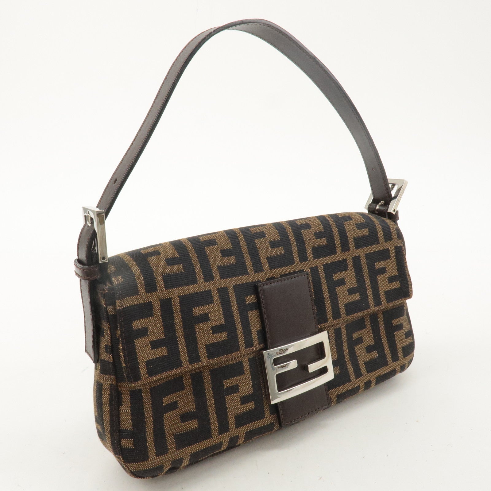 FENDI Mamma Baguette Canvas Leather Shoulder Bag Brown Black 26424