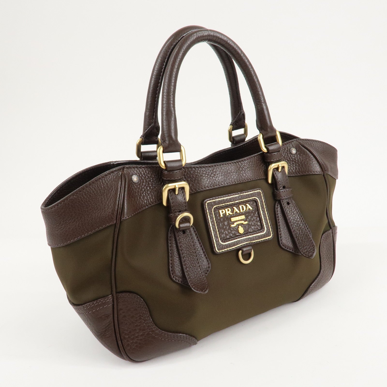 PRADA Logo Nylon Leather Hand Bag Kahki Brown BN1221