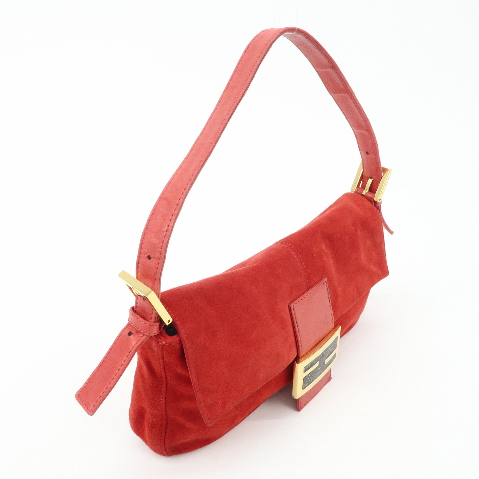 FENDI Mamma Baguette Suede Leather Shoulder Bag Red 26424