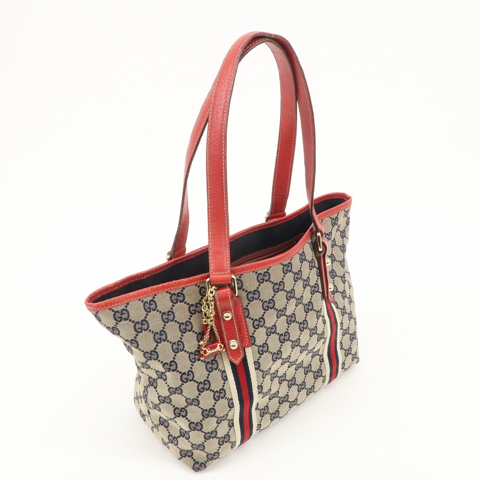 GUCCI Sherry GG Canvas Leather Tote Bag Beige Red Navy 137396