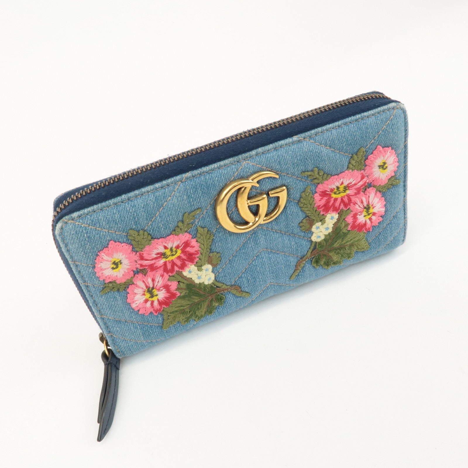 GUCCI GG Marmont Denim Zip Around Wallet Floral Pattern 443123