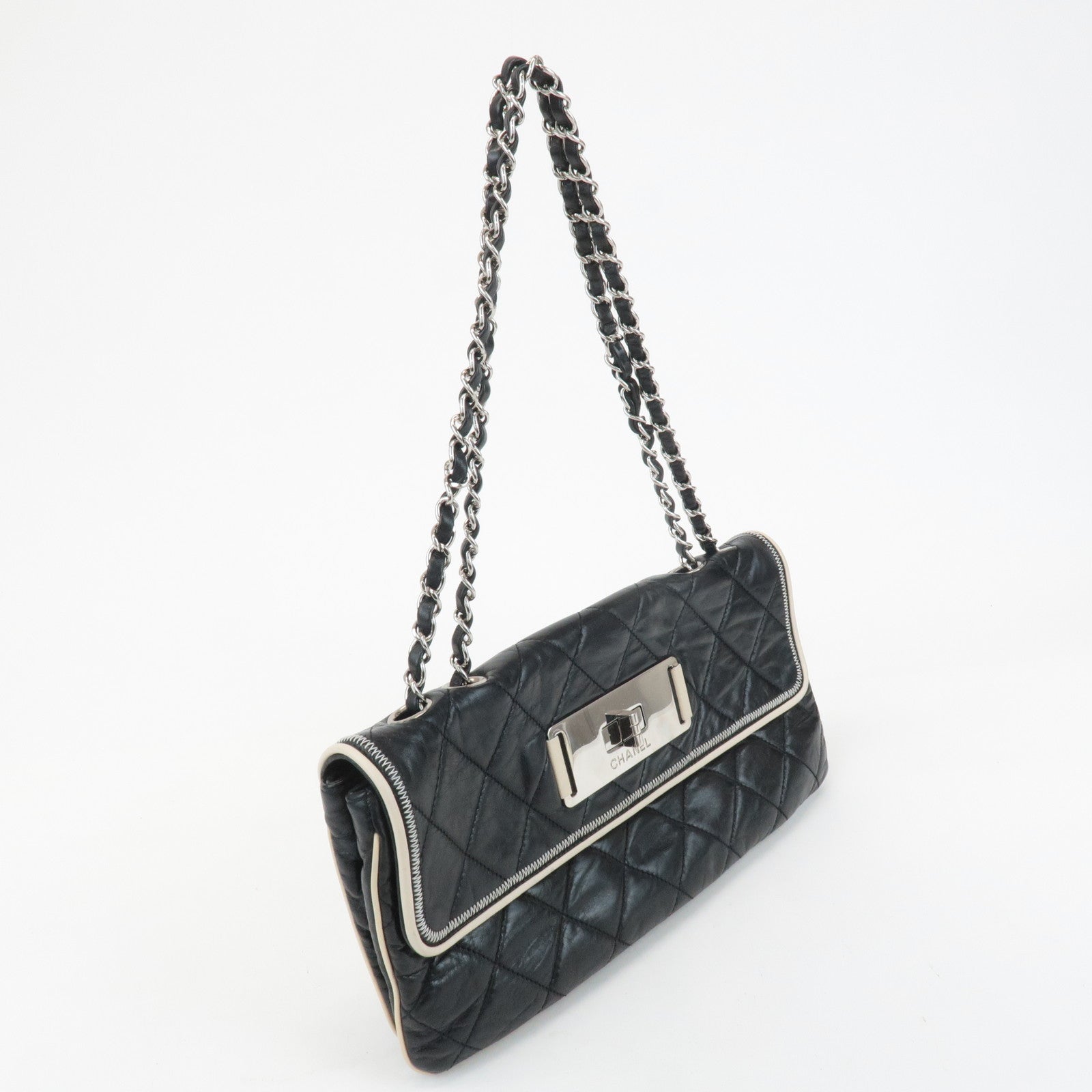 CHANEL 2.55 Bicolor Leather Chain Shoulder Bag Black Ivory Used