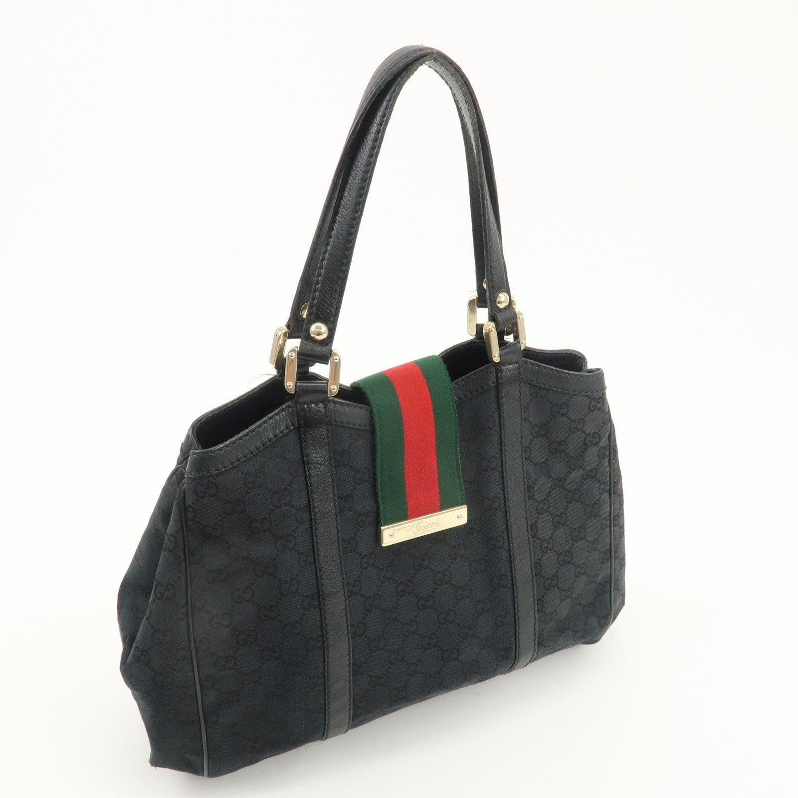 GUCCI Sherry GG Canvas Leather Tote Bag Shoulder Bag Black 233609