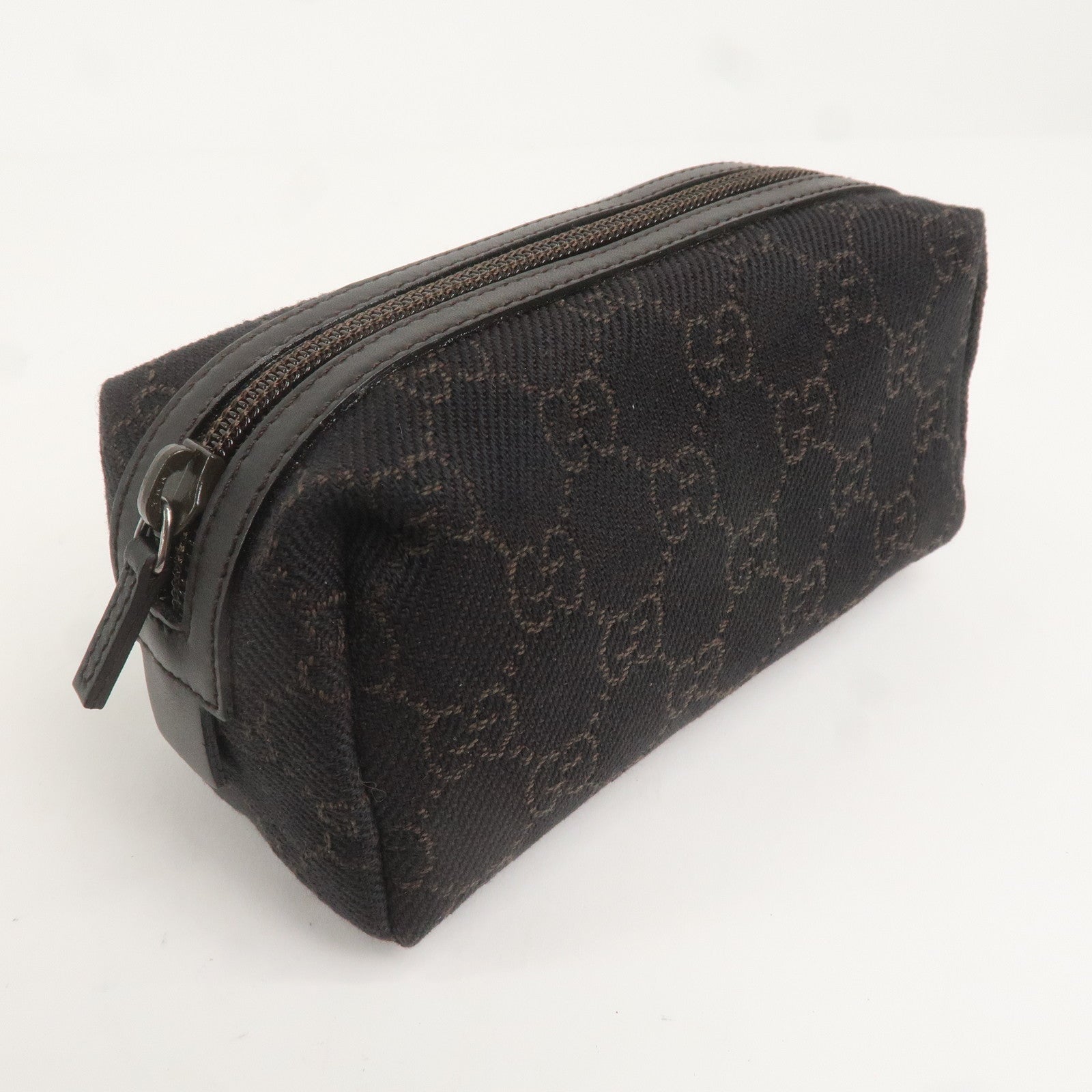 GUCCI GG Denim Leather Pouch Cosmetic Pouch Dark Brown 29596