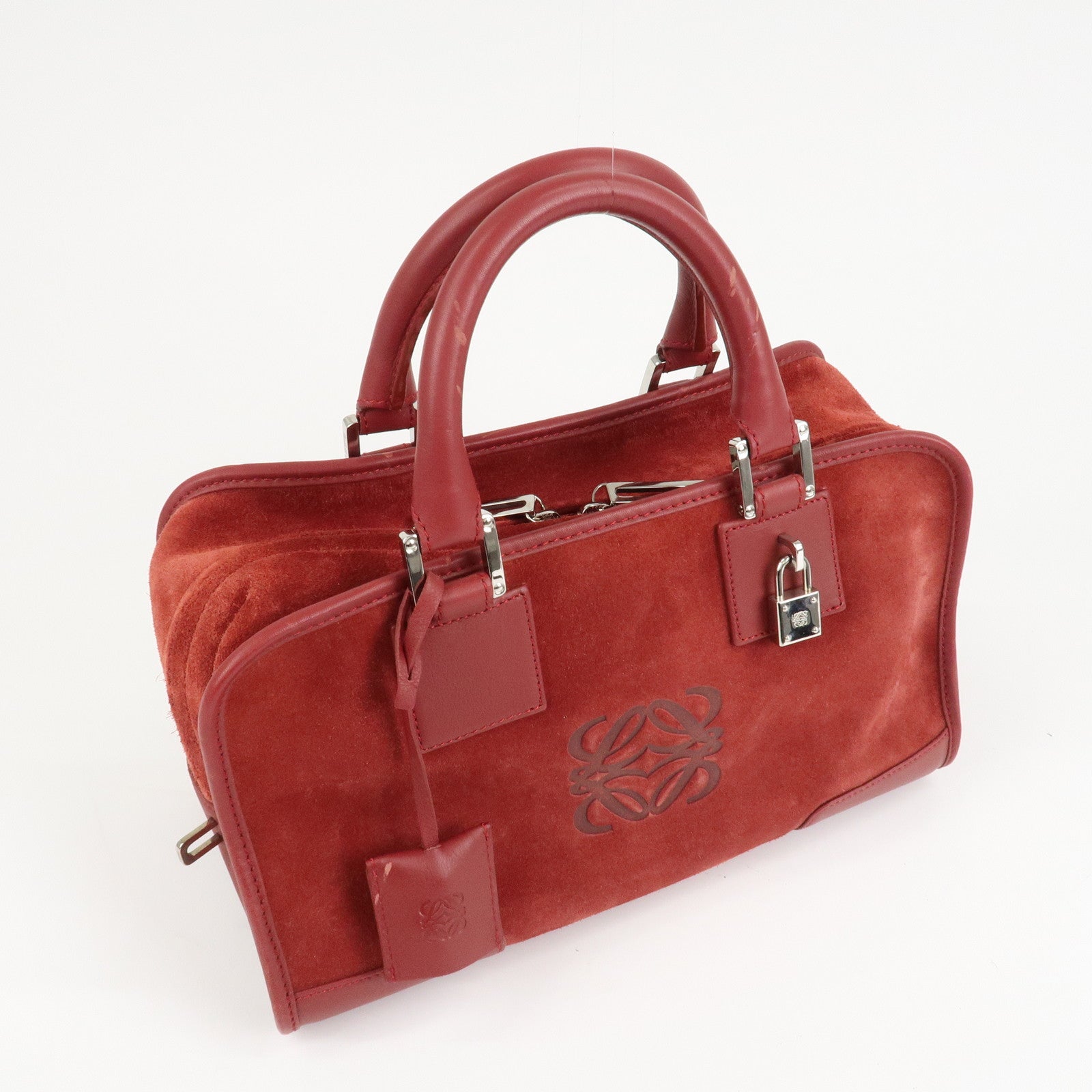 LOEWE Anagram Suede Leather Amazona 28 Hand Bag Red Silver HDW Used
