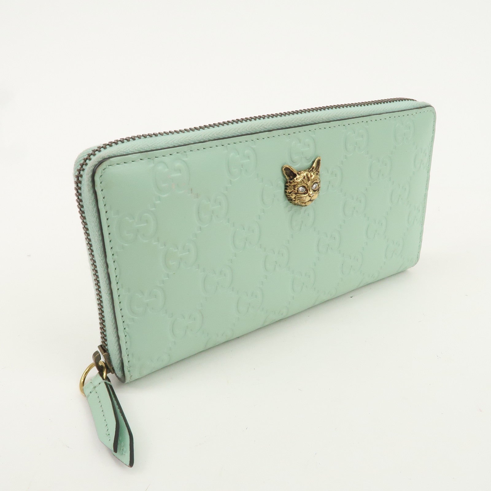 GUCCI Guccishima Leather Round Wallet Cat Motif Mint Green 548058