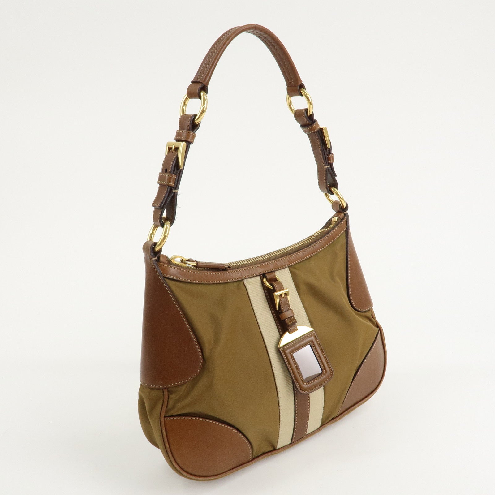 PRADA Nylon Leather One Shoulder Bag Beige Brown