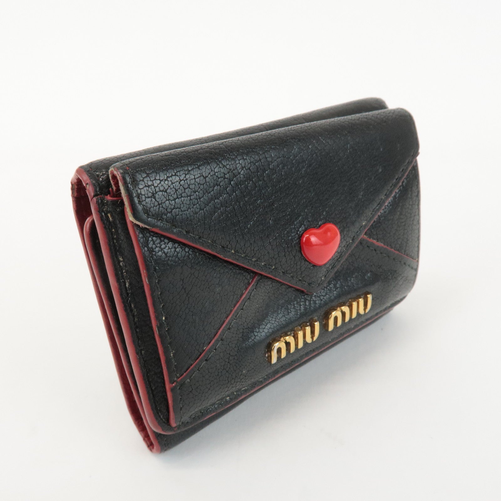 MIU MIU Love Letter Leather Compact Wallet Black Red Used