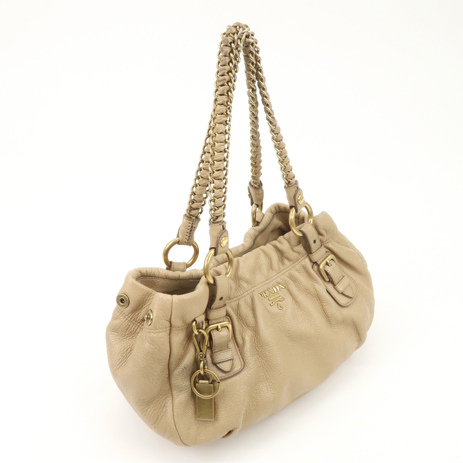 PRADA Leather Chain Shoulder Bag Beige