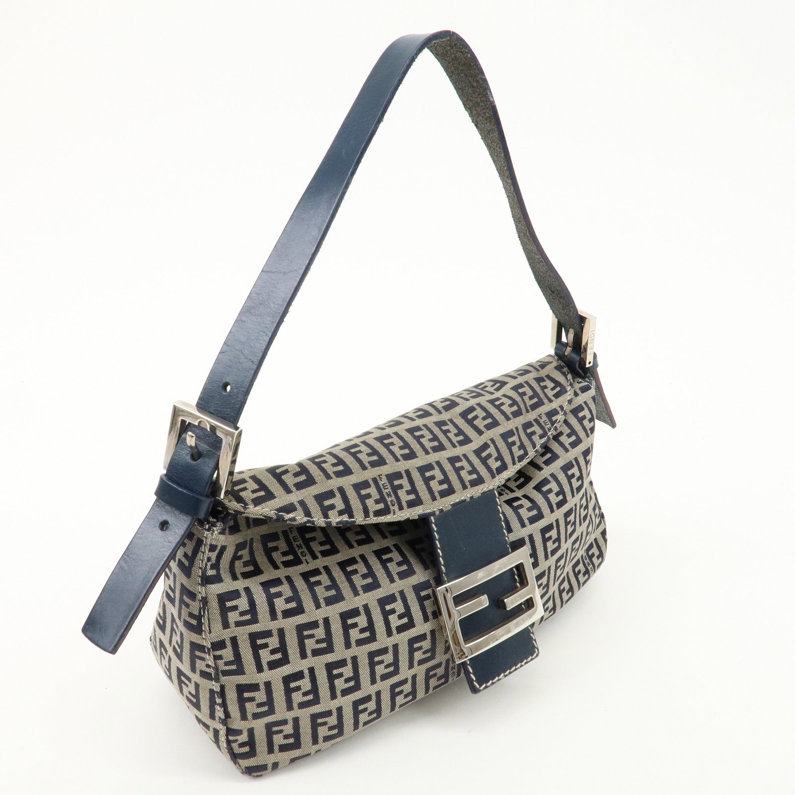 FENDI Zucchino Canvas Leather Shoulder Bag Navy Silver HDW 26725