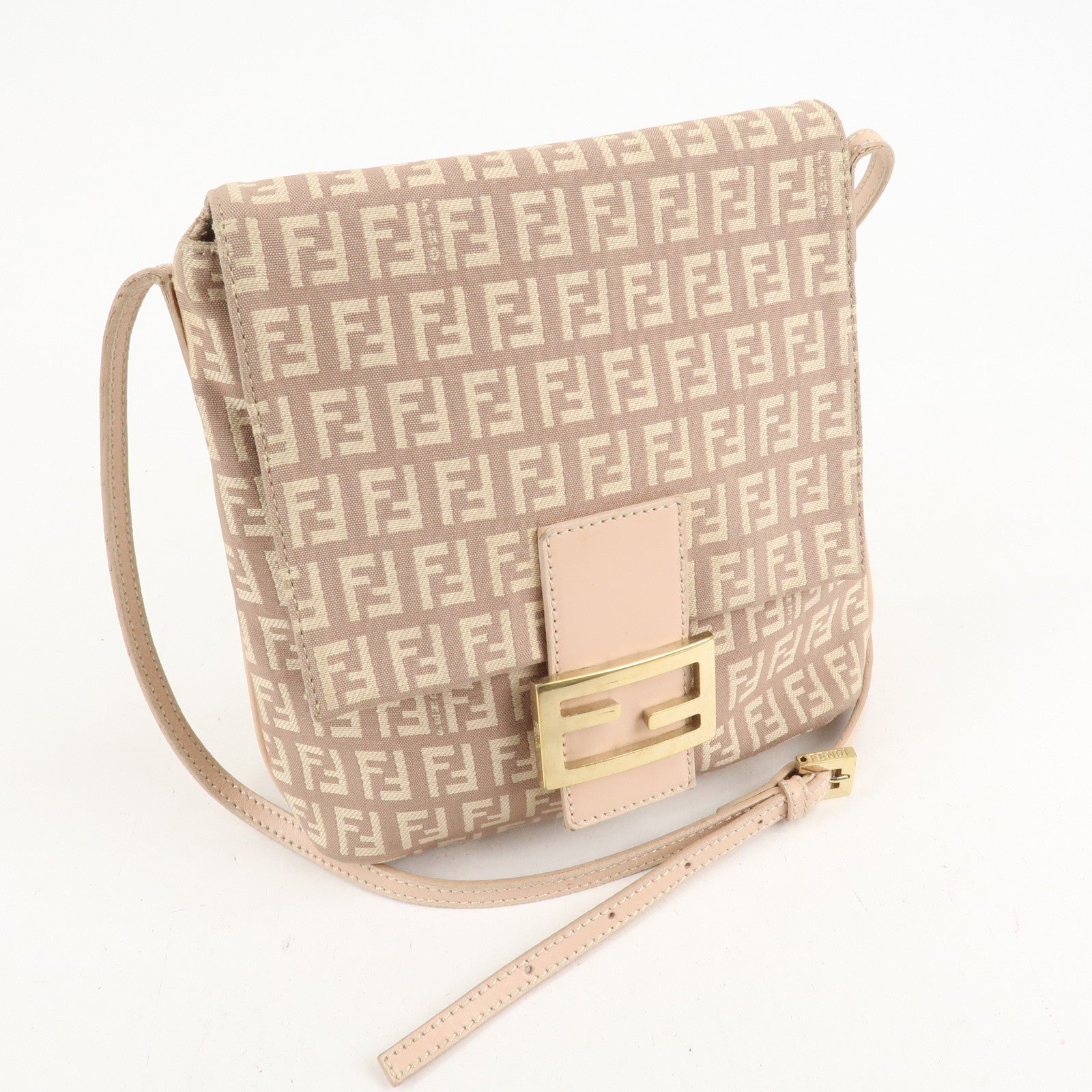 FENDI Zucchino Canvas Leather Shoulder Bag Pink Beige 8BT075