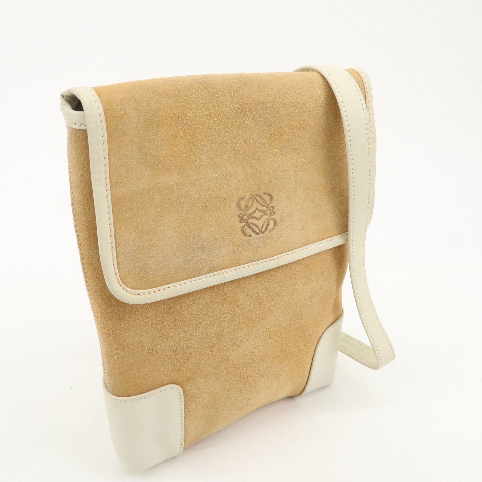 LOEWE Anagram Suede Leather Shoulder Bag Beige Ivory