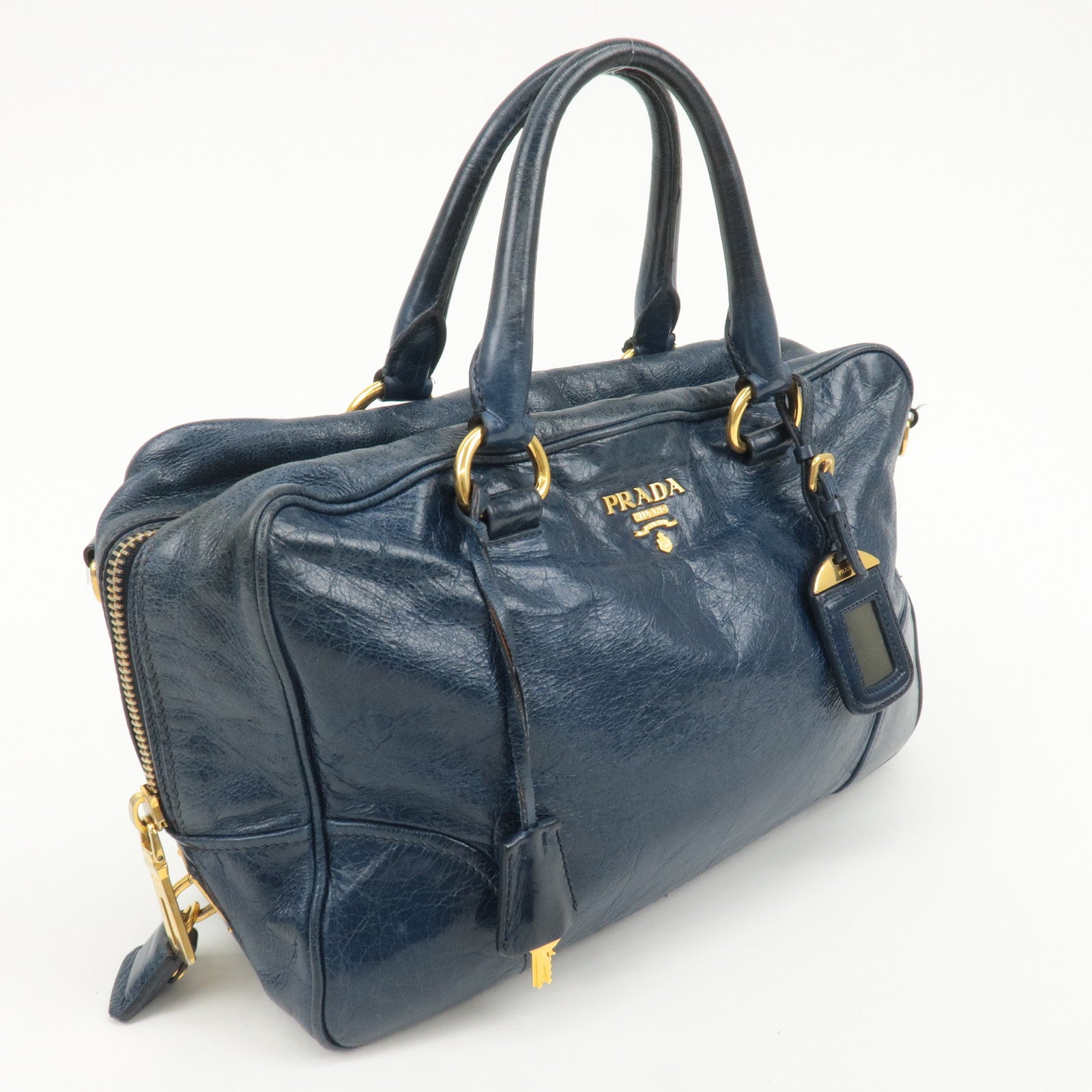 PRADA Leather 2way Hand Bag Shoulder Bag Blue BL0821