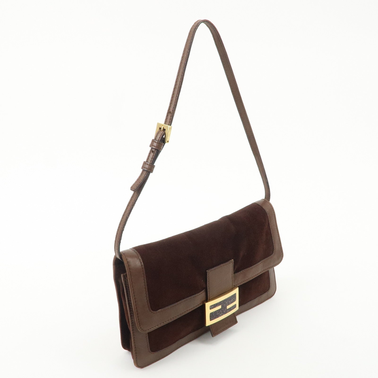 FENDI Suede Leawther Shoulder Bag Hand Bag Brown 16381